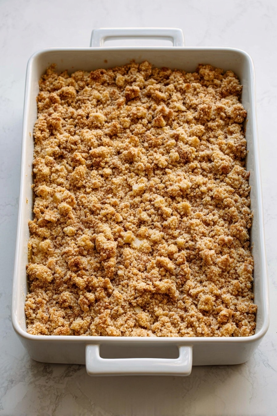 Caramel Apple Cheesecake Bars, apple cheesecake bars, caramel apple dessert, fall dessert bars, easy cheesecake bars - A white rectangular baking dish with two handles is filled with a golden-brown crumbly topping that looks crunchy and uneven in texture, covering the entire surface. The topping has small clusters and a slightly rough look with hints of light and darker toasted shades. The dish is placed on a white marbled surface. photo taken with an iphone --ar 2:3 --v 7