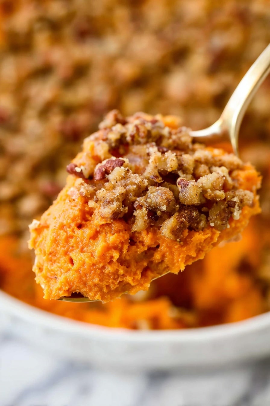 Vegan Sweet Potato Casserole with Pecan Topping, vegan sweet potato casserole, vegan holiday casserole, healthy vegan sweet potato dish, vegan comforting holiday recipe - A close-up view of a spoon holding a portion of thick orange sweet potato mash topped with a crumbly brown pecan streusel. The sweet potato layer looks smooth with a soft texture, while the streusel on top is rough with small pecan pieces giving it a crunchy appearance. The background shows more of the sweet potato dish in a white bowl set on a white marbled surface, creating a warm and inviting look. photo taken with an iphone --ar 2:3 --v 7