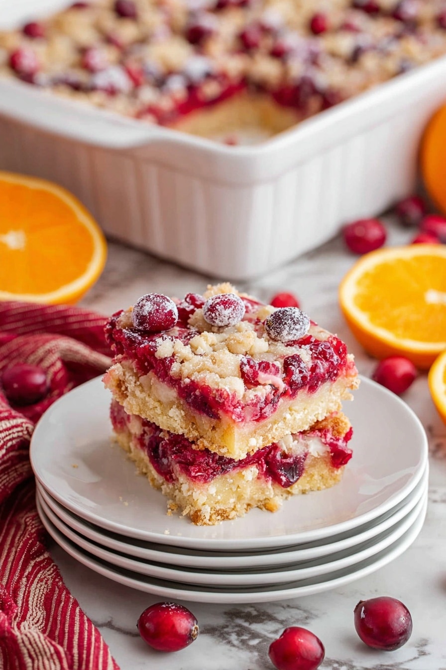Cranberry Christmas Cake, holiday cranberry cake, festive cake with cranberries, holiday dessert recipes, easy Christmas cake - A square piece of cranberry dessert bar sits on top of a stack of four white plates. The dessert bar has three visible layers: a golden crumbly base, a bright red layer with whole cranberries, and a light creamy topping scattered unevenly with more cranberries. In the background, a larger white baking dish holds the rest of the dessert bar with the same layered pattern. The setup is on a white marbled surface with scattered cranberries, orange slices, and a red striped cloth partially visible. Photo taken with an iphone --ar 2:3 --v 7