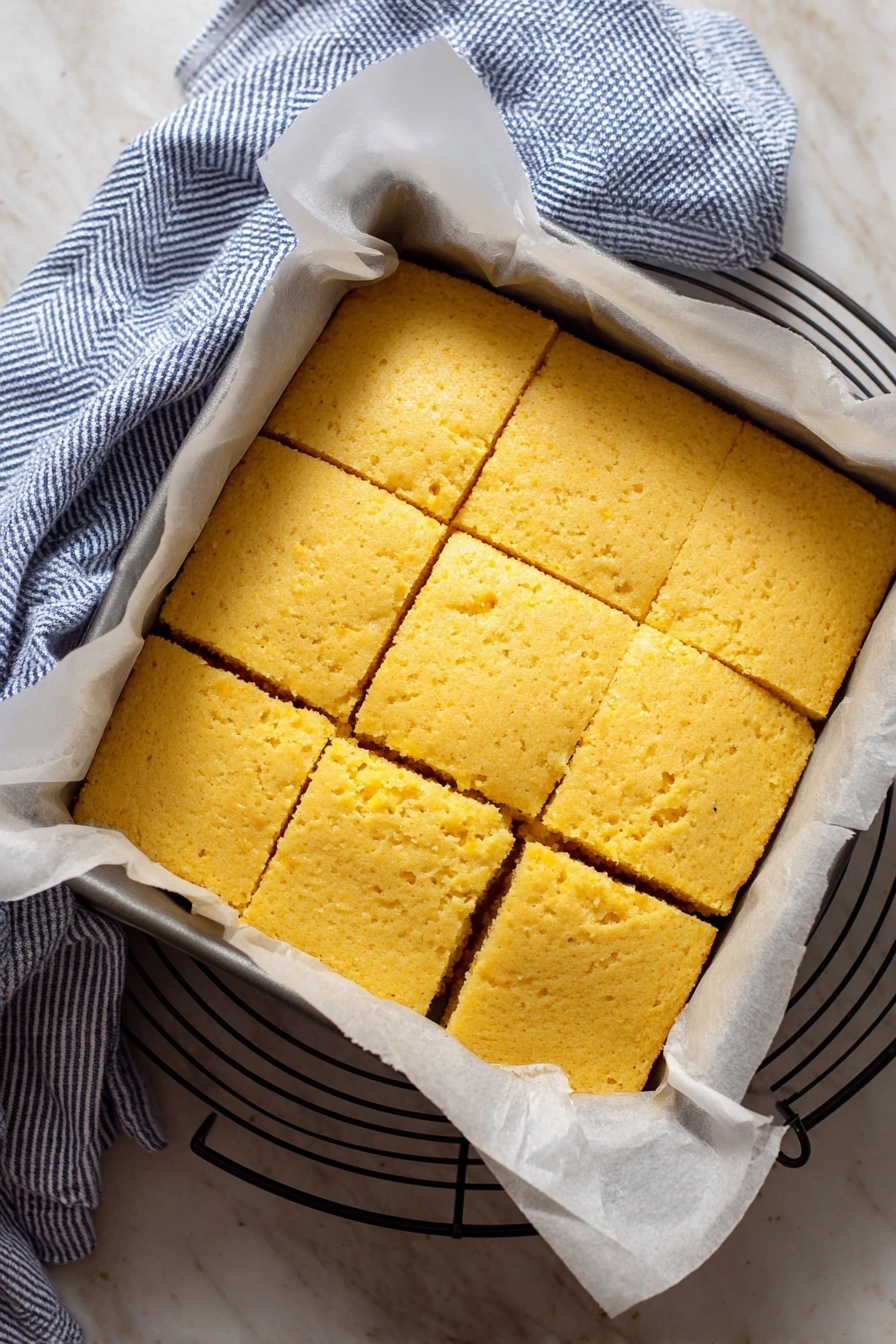 The Best Vegan Cornbread, vegan cornbread recipe, plant-based cornbread, dairy-free vegan cornbread, easy vegan cornbread - A square pan lined with white parchment paper holds freshly baked, golden-yellow cornbread that is cut into nine even squares. The surface of the cornbread has a soft, slightly cracked texture showing its moist inside. Around the pan, a blue and white striped cloth lies on a white marbled surface with a round, black cooling rack under the pan edges. The cornbread edges are neat and light brown, showing a well-baked soft treat. Photo taken with an iphone --ar 2:3 --v 7