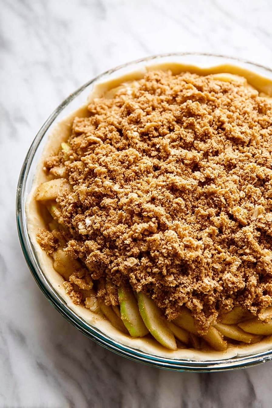 Gluten Free Vegan Apple Crumble Pie, gluten free vegan dessert, vegan apple dessert, healthy apple crumble, plant-based apple pie - A clear glass pie dish holds a layered apple crumble pie. The bottom layer is a pale, smooth pie crust that rises slightly up the sides. Above the crust is a thick layer of sliced apples, visible in a light pale yellow with hints of green from the skins. The top layer is a rough, crumbly oat and brown sugar mixture covering the apples fully. The dish sits on a white marbled surface. Photo taken with an iphone --ar 2:3 --v 7