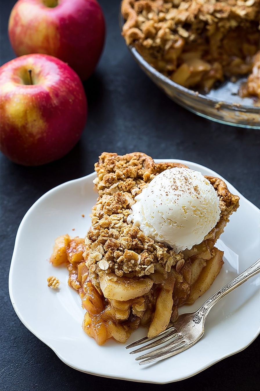Gluten Free Vegan Apple Crumble Pie, gluten free vegan dessert, vegan apple dessert, healthy apple crumble, plant-based apple pie - A slice of apple crumble pie sits on a white plate with a slightly scalloped edge. The pie has three layers: a golden-brown crust on the bottom, a chunky layer of cooked apple pieces with a warm orange tone in the middle, and a crumbly oat and brown sugar topping that is rough in texture and light brown in color. On top of the pie slice, there is a scoop of creamy vanilla ice cream melting slightly, with small brown specks sprinkled over it. A silver fork lies on the right side of the plate, resting on the edge. Nearby, two whole red apples with a slight yellowish tint and a round glass dish holding more apple crumble pie are placed on a dark surface. photo taken with an iphone --ar 2:3 --v 7