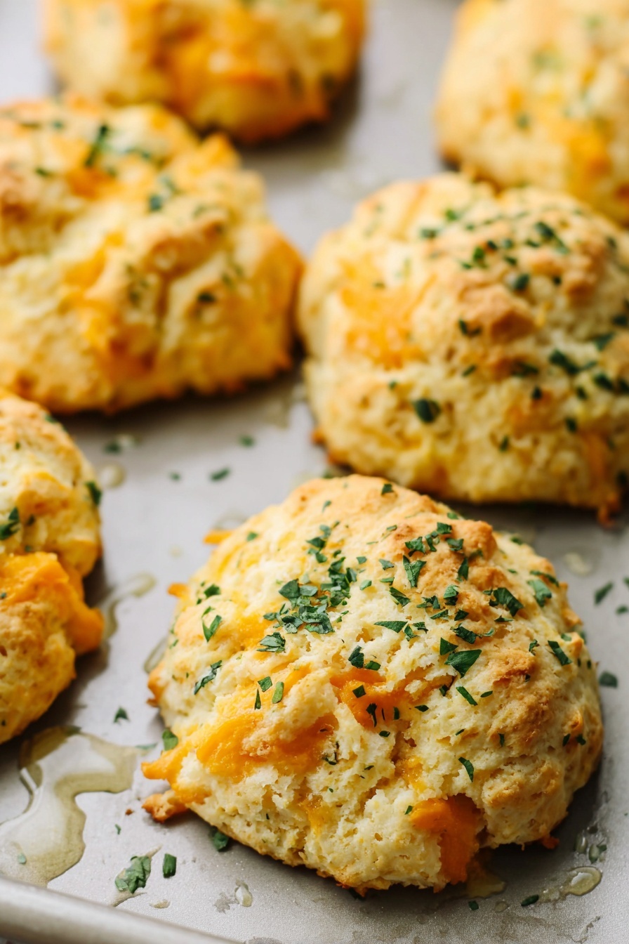 Vegan Cheddar Bay Biscuits, dairy-free cheesy biscuits, vegan biscuit recipe, garlic cheddar biscuits, plant-based cheesy biscuits - This image shows a close-up view of several soft, golden-yellow cheese biscuits with a rough, bumpy texture sitting on a baking tray. Each biscuit is round and slightly uneven in shape, with small pieces of melted orange cheese visible inside. The biscuits are sprinkled with finely chopped green herbs, adding small green flecks across the top. The background is a light gray tray with small droplets of oil around the biscuits, and the surface beneath is a white marbled texture. photo taken with an iphone --ar 2:3 --v 7