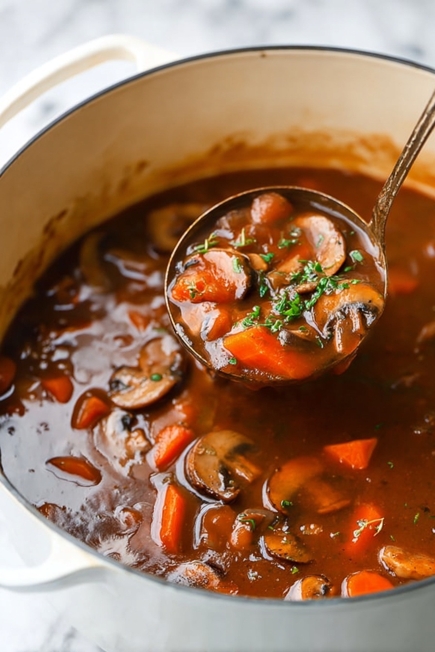 Mushroom Bourguignon, French mushroom stew, vegan mushroom stew, plant-based French dishes, mushroom stew recipe - The image shows a white pot filled with a rich brown stew with visible slices of mushrooms and thick orange carrot pieces, all floating in a glossy, thick broth. A metal ladle is dipping into the stew, lifting some of the stew that highlights the mushrooms, carrots, and small bits of herbs sprinkled on top. The stew looks warm and thick with a mix of soft vegetable textures. The background is a white marbled texture. Photo taken with an iphone --ar 2:3 --v 7