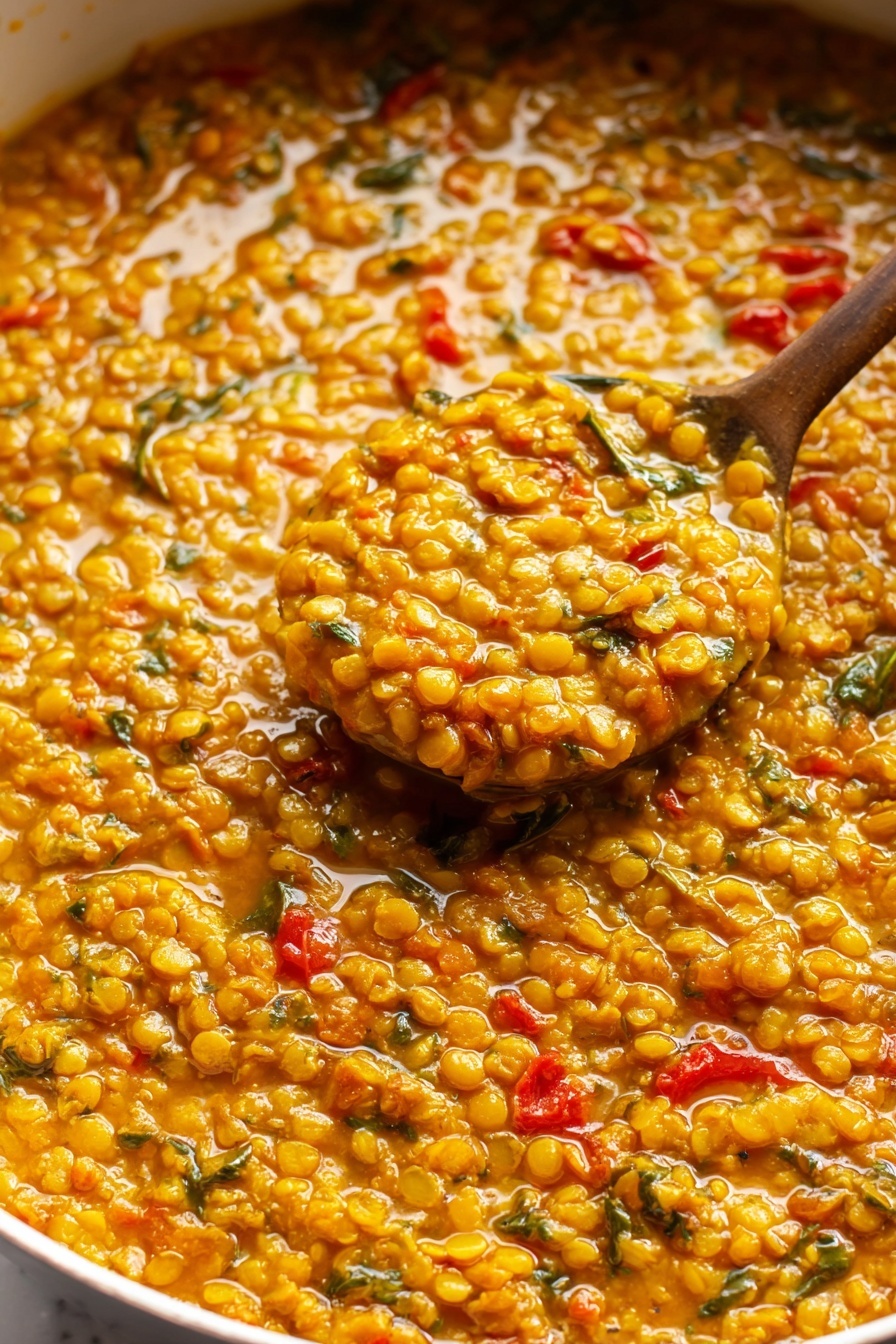 Quick & Easy Red Lentil Dahl, red lentil dahl recipe, fast vegetarian dinner, healthy lentil stew, simple vegan comfort food - A close-up view of a rich, thick lentil stew inside a white pan, showing a dense, creamy texture with visible small yellow lentils mixed with bits of green herbs and pieces of red bell pepper scattered throughout. The stew has a shiny, slightly oily surface, hinting it is freshly cooked with a mix of smooth and chunky parts. A spoon is partially dipped into the stew, lifting a generous scoop, highlighting the thick consistency and hearty mixture of ingredients, all set against a white marbled surface. photo taken with an iphone --ar 2:3 --v 7
