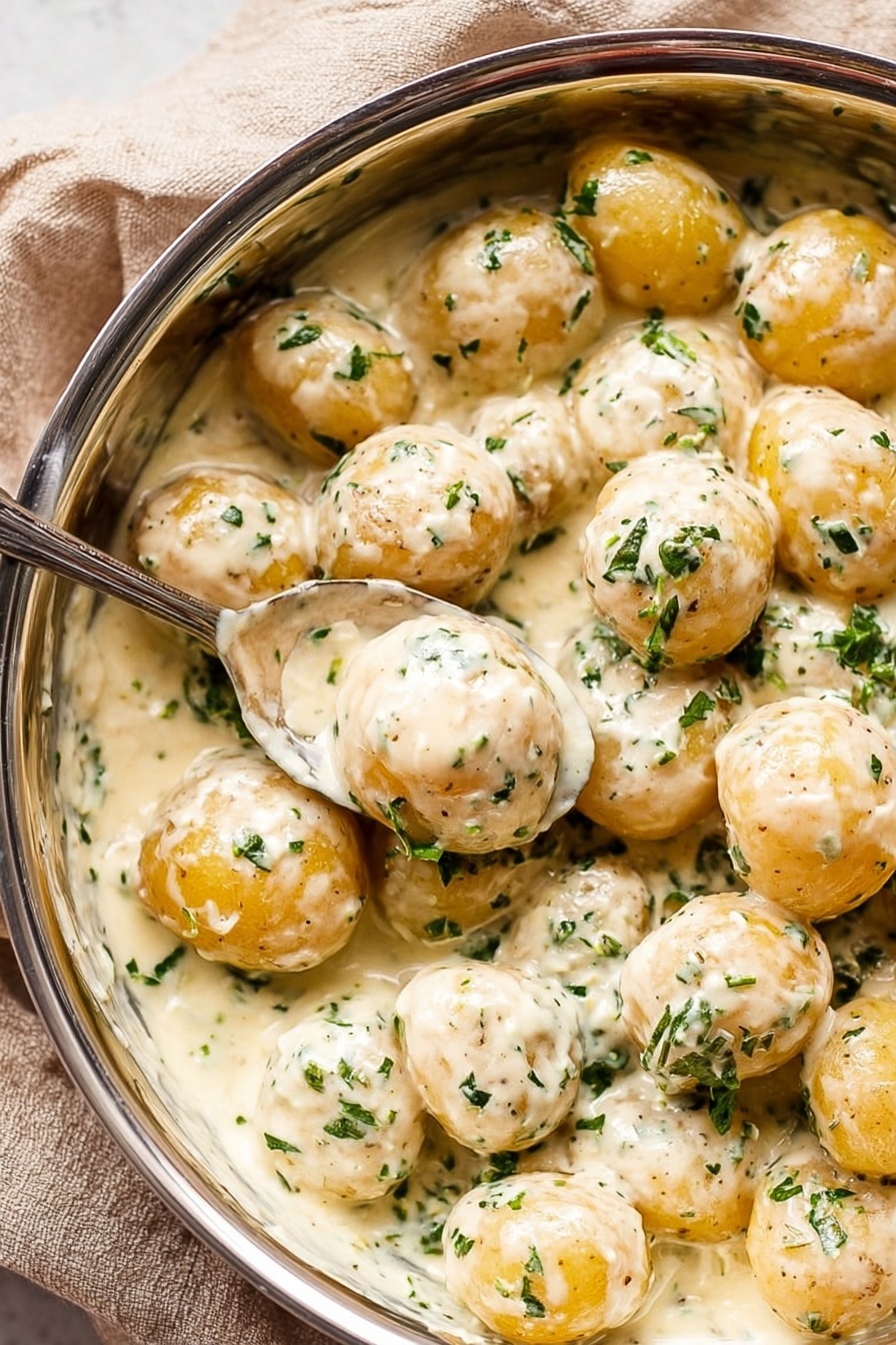 Creamy Garlic Potatoes, garlic mashed potatoes, easy potato side dish, buttery garlic potatoes, comfort food recipes - The image shows a close-up view of a pan filled with several small, round golden potatoes covered in a thick, creamy white sauce speckled with small green parsley pieces. A metal spoon with a wooden handle is partially dipped into the sauce, lifting some potatoes. The edges of the pan are visible, and the background is a white marbled surface. Photo taken with an iphone --ar 2:3 --v 7