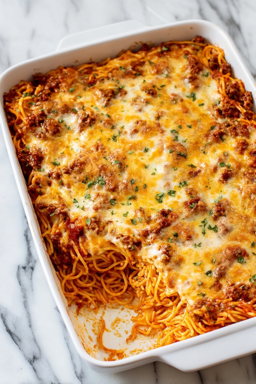 Easy Baked Spaghetti with Ground Beef and Four Cheese Blend, cheesy baked spaghetti recipe, easy ground beef casserole, family-friendly baked pasta, hearty cheese baked pasta - A baked pasta dish is shown inside a white rectangular baking dish placed on a white marbled surface. The top layer is golden brown melted cheese with browned spots, mixed with bits of browned meat and small green herb pieces sprinkled on top. Underneath the cheese layer are visible spiral pasta shapes coated in a creamy sauce with a light orange tint, mingled with the browned meat throughout the pasta. The surface looks bubbly and textured with some crispy edges at the corners. photo taken with an iphone --ar 2:3 --v 7