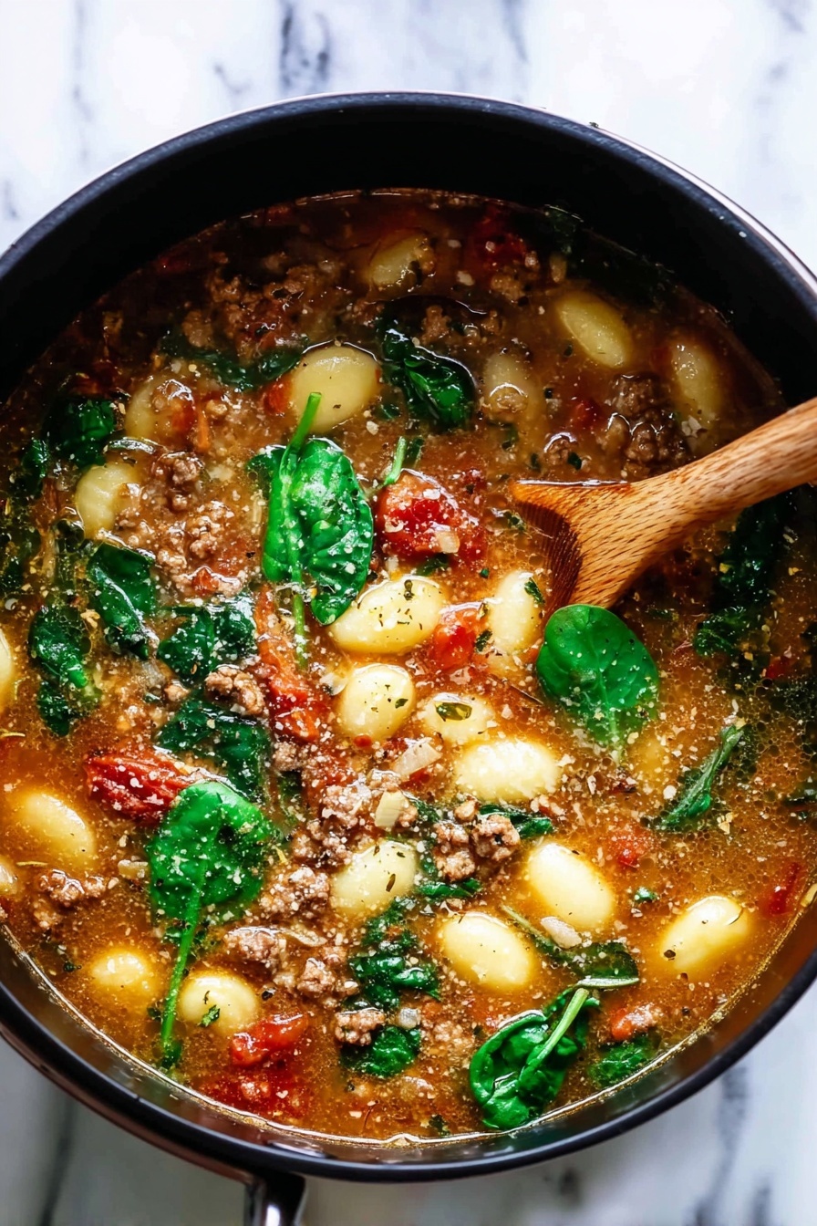 Sausage and Gnocchi Soup, hearty sausage and gnocchi dish, comforting sausage soup recipe, flavorful gnocchi soup, easy sausage and gnocchi meal - A black pot sits on a white marbled surface, filled with a warm soup that has several layers of ingredients. The base layer is a clear to light brown broth with herbs and spices floating throughout. Inside the soup, there are small gnocchi-like dumplings in pale yellow, chunks of red tomatoes, pieces of cooked ground meat in brown, and fresh bright green spinach leaves floating on top. A wooden spoon with a smooth texture is immersed in the pot, stirring the soup gently. The colors are vivid and the soup looks fresh and hearty. photo taken with an iphone --ar 2:3 --v 7