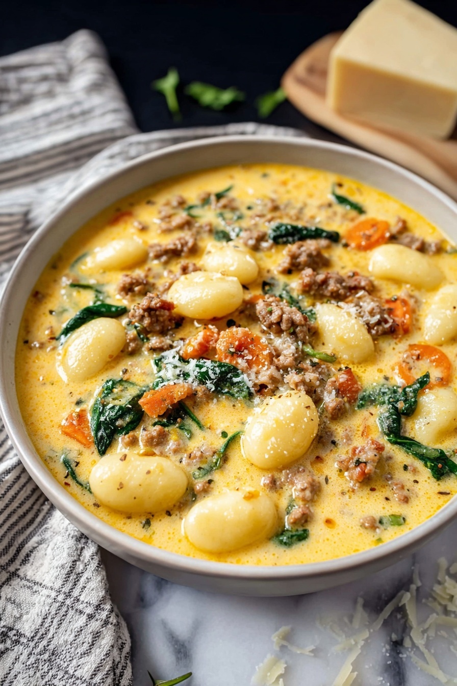 Creamy Italian Sausage Gnocchi Soup, Italian sausage soup, gnocchi soup recipe, creamy sausage and gnocchi soup, hearty Italian soup - The image shows a white bowl filled with a creamy soup featuring three main layers: a thick yellow-orange broth base, small pieces of cooked sausage scattered throughout, and soft gnocchi floating on top. Bright green spinach leaves and small bits of orange carrot are mixed into the soup, adding color contrast. The soup is sprinkled with shredded cheese and some black pepper. The bowl sits on a white marbled surface, with a piece of grated cheese and a cheese grater blurred in the background. Photo taken with an iphone --ar 2:3 --v 7