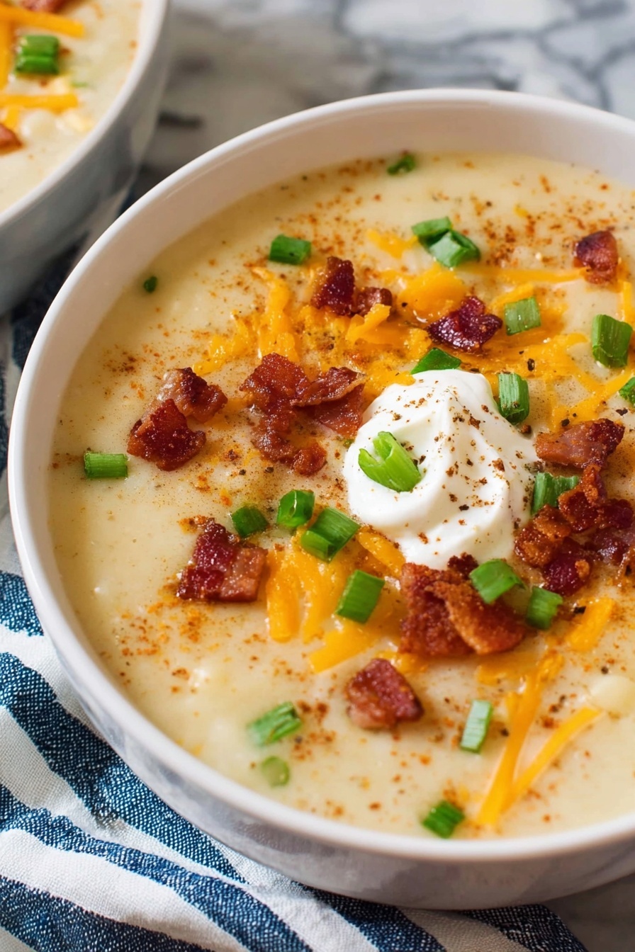 Ultimate Potato Soup, creamy potato soup with bacon, comforting potato soup recipe, easy potato soup for weeknights, savory potato soup with smoky flavor - A close-up of a white bowl filled with thick, creamy potato soup as the base layer, light beige in color with a smooth, slightly lumpy texture. On top, there are scattered pieces of bright orange shredded cheddar cheese, crispy bacon bits in reddish-brown color, small chunks of green chopped scallions, and a swirl of white sour cream. The soup surface is sprinkled with a dusting of light brown paprika, giving it a slight textured look. The bowl sits on a blue and white striped cloth with a white marbled background. Photo taken with an iphone --ar 2:3 --v 7