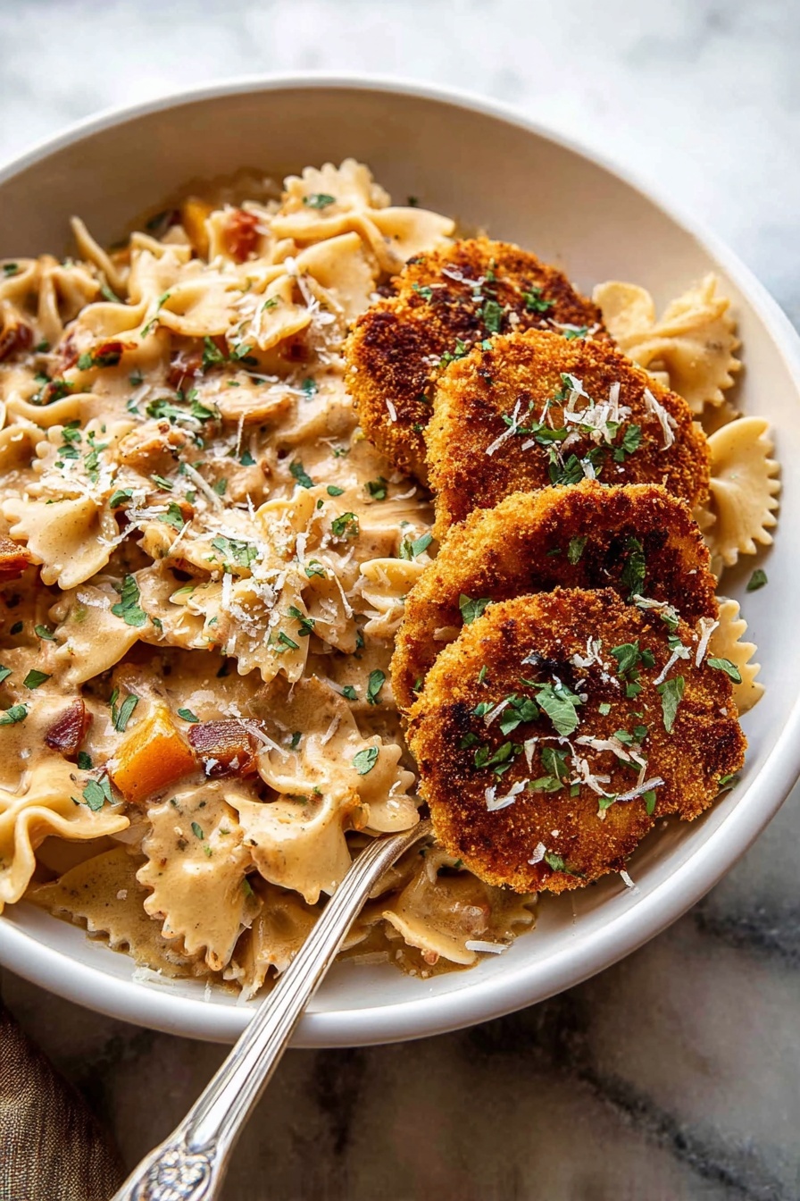Southern Style Creamy Parmesan Chicken Pasta, creamy chicken pasta recipe, southern chicken pasta, easy creamy chicken dinner, Parmesan chicken pasta - A white bowl sits on a white marbled surface filled with creamy pasta and crispy fried cutlets on top. The pasta includes farfalle shapes tossed in a thick beige sauce with visible small cubes of orange vegetables and bits of bacon. Three golden brown, crunchy cutlets are layered on the right side, sprinkled with finely chopped green herbs and a light dusting of grated cheese. A silver fork rests inside the bowl on the left side against the pasta. The colors include creamy beige, orange, golden brown, and green, creating a warm, inviting look. Photo taken with an iphone --ar 2:3 --v 7