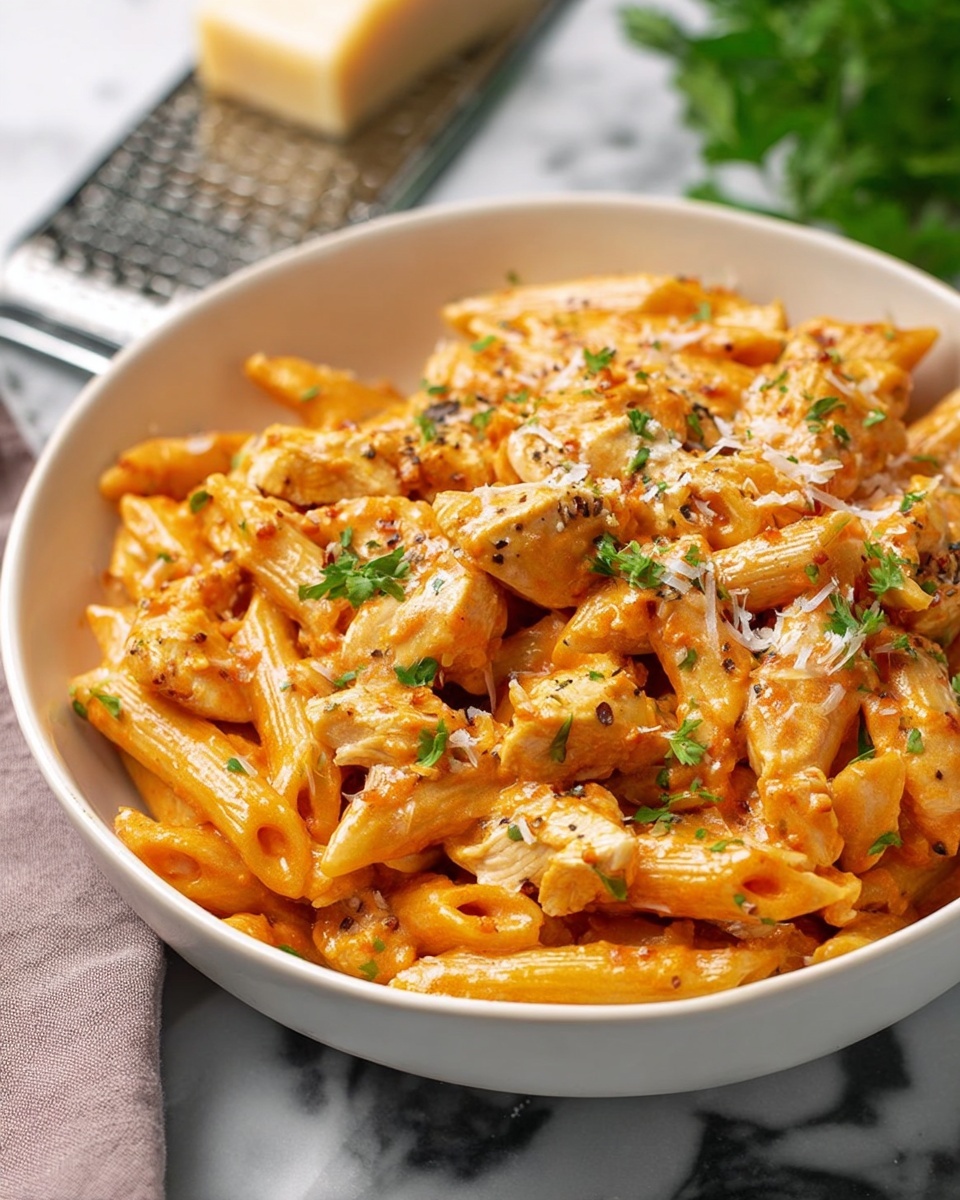 Chicken Parmesan Pasta, easy chicken pasta recipe, quick Italian pasta dish, cheesy chicken pasta, weeknight dinner ideas - The image shows a white bowl filled with creamy orange pasta with short tube shapes mixed with small chunks of chicken, both coated in a smooth, rich sauce. The dish is sprinkled with small bits of green herbs and tiny white shreds of cheese on top, adding color contrast and texture. The bowl is placed on a white marbled surface with some raw tube-shaped pasta scattered around it, and a metal grater with a beige handle is slightly visible in the background. The lighting highlights the creamy texture of the sauce and makes the herbs look fresh.photo taken with an iphone --ar 2:3 --v 7