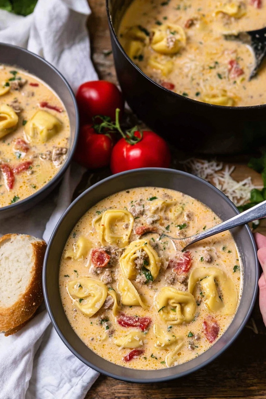 Sausage Tortellini Soup, sausage tortellini soup, creamy sausage tortellini, comforting soup recipes, easy sausage soup - A creamy soup filled with yellow tortellini, small pieces of red tomatoes, green herbs, and bits of ground meat sits in two dark gray bowls on a wooden table. One bowl has a woman's hand holding a spoon resting in it, showing the thick texture of the soup. A large black pot with more soup and tortellini is partly visible in the background, near a white cloth and two fresh red tomatoes on the vine. A piece of crusty bread is next to the front bowl. The surface underneath everything is a white marbled texture. Photo taken with an iphone --ar 2:3 --v 7