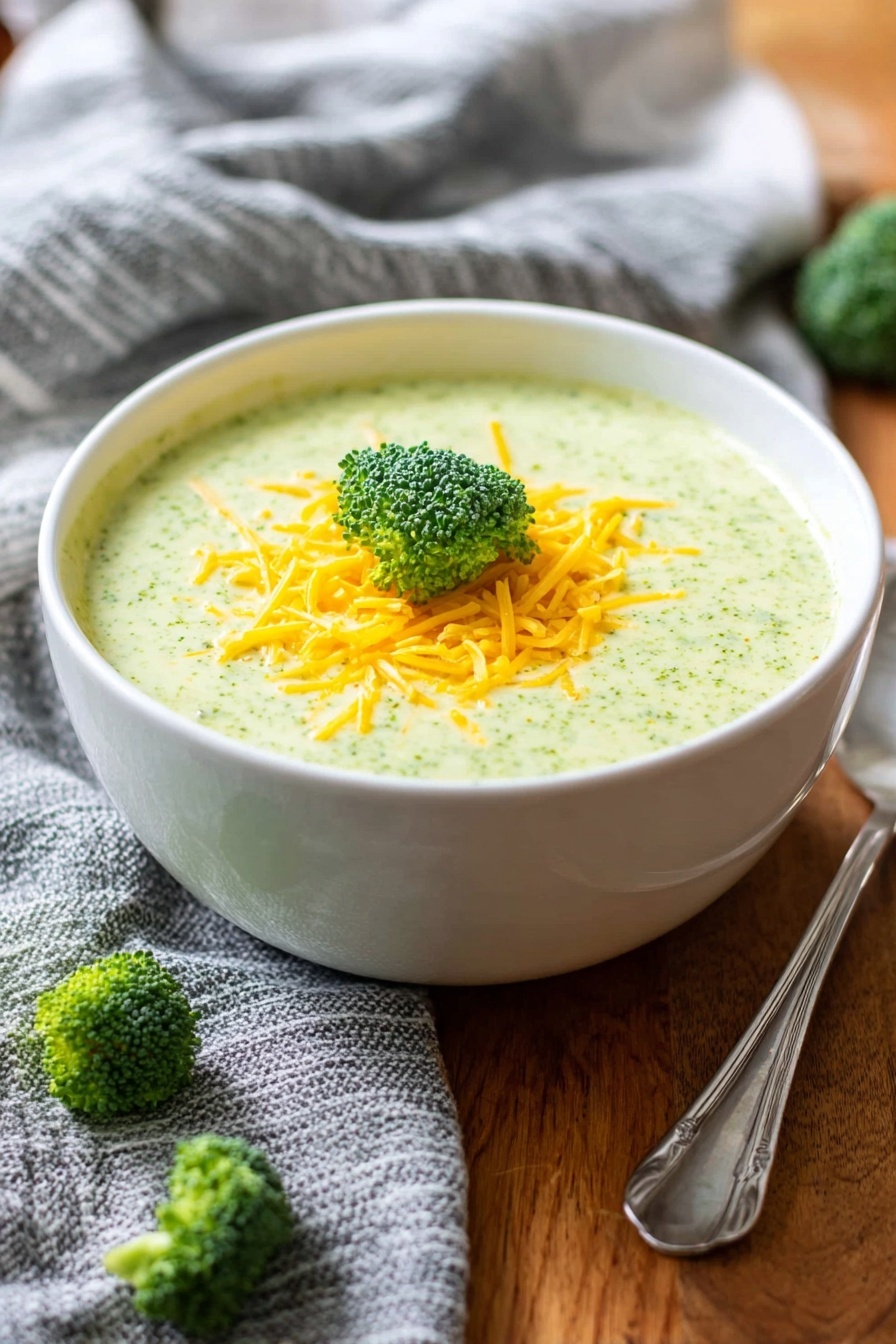 Cream of Broccoli Soup, Broccoli Soup Recipe, Healthy Broccoli Soup, Velvety Broccoli Soup, Easy Creamy Broccoli Soup - A white bowl holds creamy light green broccoli soup, topped with a small pile of bright yellow shredded cheddar cheese and a single small green broccoli floret on top. The bowl is set on a wooden surface, with a few small broccoli florets beside it. A silver spoon rests to the right of the bowl, and a loosely folded gray and white striped cloth is visible in the background. The scene is warm and inviting, with soft natural light. photo taken with an iphone --ar 2:3 --v 7