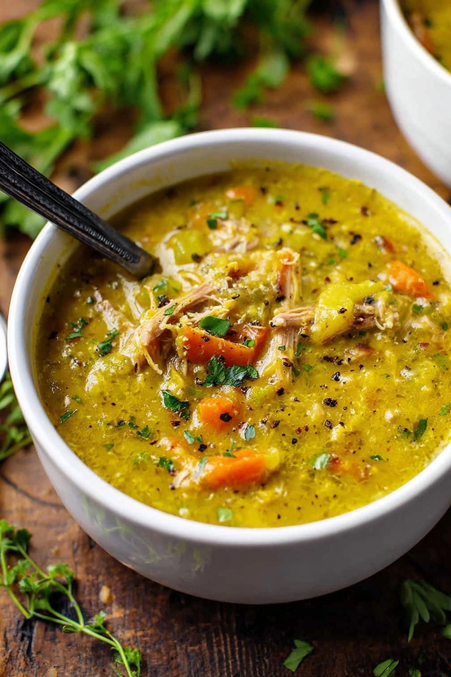 Split Pea Soup with Ham, hearty ham and pea soup, easy split pea ham soup, creamy ham and pea stew, comforting ham and peas - A white bowl filled with thick, yellowish-green soup that has a chunky texture. Inside the soup, there are visible pieces of orange carrots and light brown shredded meat, topped with small green herb bits and black pepper specks. A dark spoon is partly dipped into the soup, resting inside the bowl. The bowl sits on a wooden surface with sprigs of fresh green herbs scattered around. Photo taken with an iphone --ar 2:3 --v 7