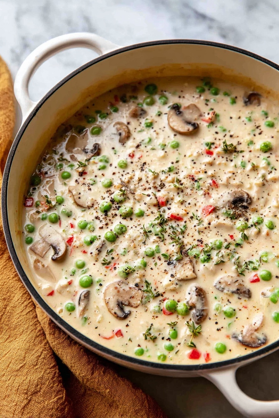 Chicken a la King, Classic Chicken a la King, easy chicken dinner, creamy chicken casserole, comforting chicken dish - A wooden spoon lifts a creamy soup filled with visible layers of texture and color: soft white sauce mixed with small green peas, bright red bell pepper pieces, and slices of brown mushrooms. Fresh green herbs are sprinkled on top, and ground black pepper is scattered over the surface, adding texture and dark specks. The dish is held over a white marbled surface, showing more of the creamy soup below with the same mix of vegetables and sauce, creating a rich, hearty look. photo taken with an iphone --ar 2:3 --v 7