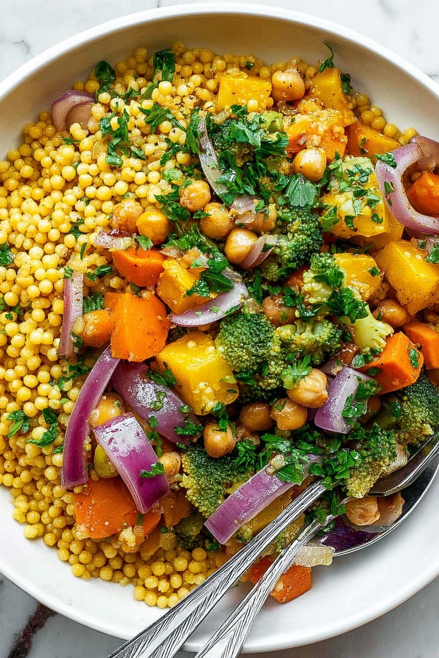 Roasted Pumpkin Couscous Salad with Fall Vegetables and Cranberries, roasted pumpkin salad, fall vegetable salad, cranberry couscous salad, pumpkin spice vegetable dish - A white bowl filled with a colorful couscous salad that has three main layers. The base layer is small, round, yellow couscous pearls that cover most of the surface. Mixed within this are soft, orange carrot slices, chickpeas, and light green broccoli pieces. The top layer has fresh chopped green parsley leaves sprinkled all over. There are also chunks of cooked yellow squash and purple onion wedges spread evenly throughout. Two silver forks rest at the bottom left inside the bowl. The bowl is set on a white marbled surface. photo taken with an iphone --ar 2:3 --v 7