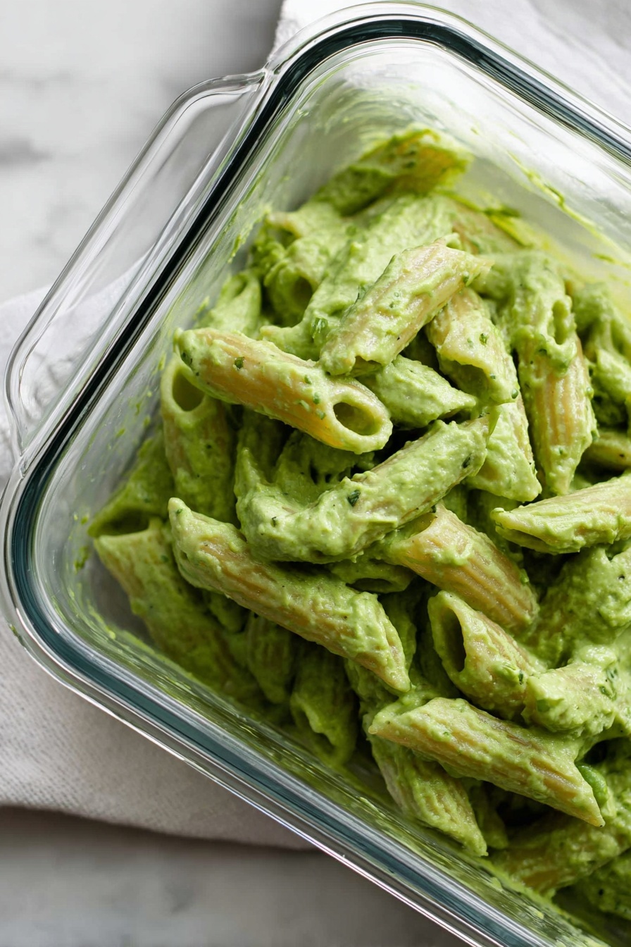 Green Pea Pasta with Basil and Tofu Cream Sauce, vegan pasta recipes, healthy pea pasta dish, dairy-free pasta sauce, easy vegetarian pasta - The image shows a clear glass square dish filled with penne pasta coated in a thick, green sauce. The pasta pieces are close together, each covered evenly with the creamy, bright green sauce that has a smooth texture with some small bits visible. The dish is placed on a surface with a white marbled texture and there is a white cloth next to it. The edge of a transparent dish lid is slightly visible at the top left corner. photo taken with an iphone --ar 2:3 --v 7