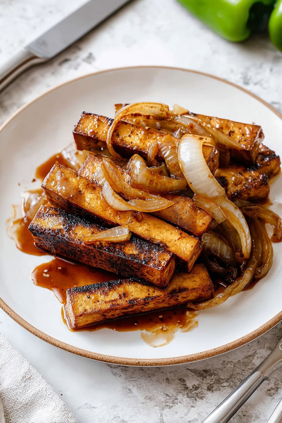 Sautéed Lime Tofu, lime tofu stir-fry, crispy tofu with lime, healthy tofu recipes, quick tofu dinner - The dish shows thick rectangle pieces of grilled tofu stacked in a slight pile on a white plate, each piece having a brown grilled surface with darker char marks. Scattered among and on top of the tofu pieces are caramelized, translucent onion slices in light brown and pale white colors. The tofu and onions are coated in a shiny, reddish-brown sauce that drips slightly onto the plate. The plate sits on a white marbled textured surface with a silver knife and fork placed next to it, and two green bell peppers are partially visible on the upper right side. photo taken with an iphone --ar 2:3 --v 7
