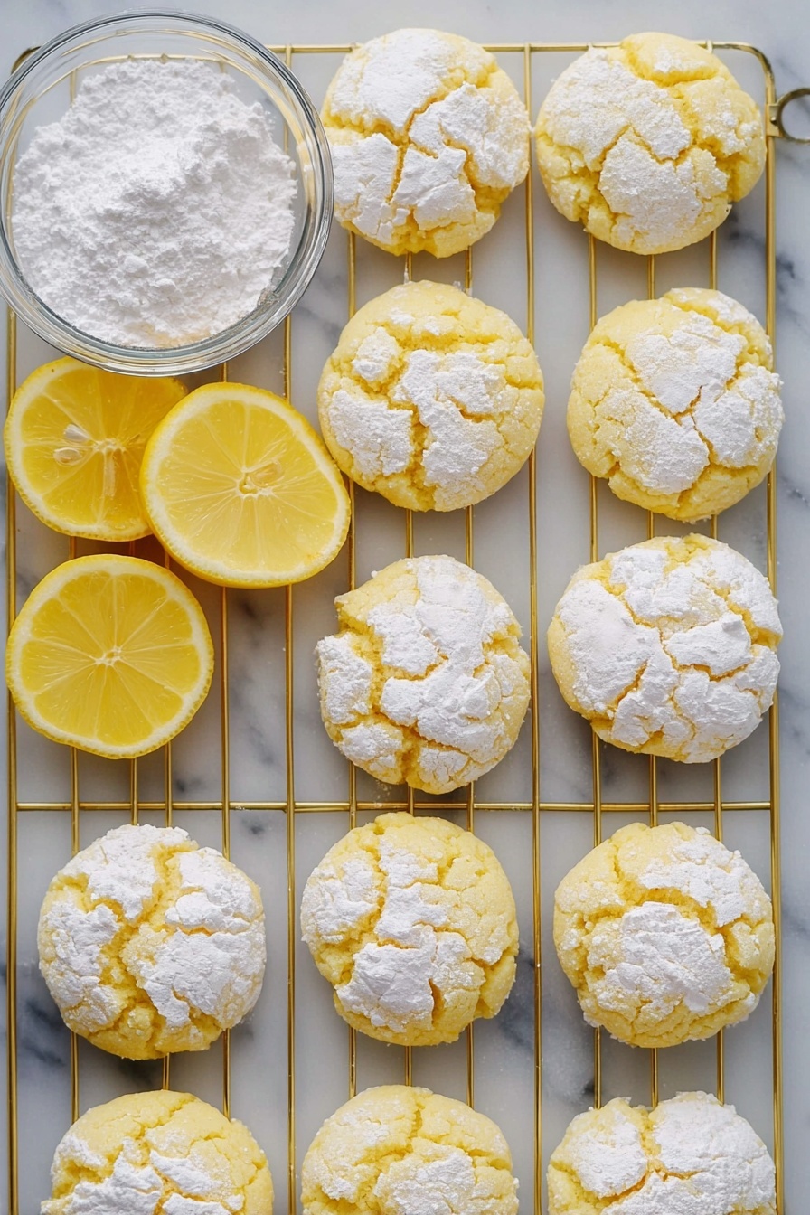 Lemon Crinkle Cookies, Lemon Cookies Recipe, Easy Lemon Cookies, Chewy Lemon Cookies, Zesty Lemon Cookie Recipe - A top view of twelve yellow lemon cookies with cracks on top, each dusted with white powdered sugar, arranged neatly on a gold cooling rack placed over a white marbled surface. Three lemon halves with bright yellow peel and juicy pale yellow interior are placed in between the cookies. A clear glass bowl filled with white powdered sugar is seen at the top left corner. The cookies have a soft, cracked texture with powdered sugar filling the cracks. Photo taken with an iphone --ar 2:3 --v 7