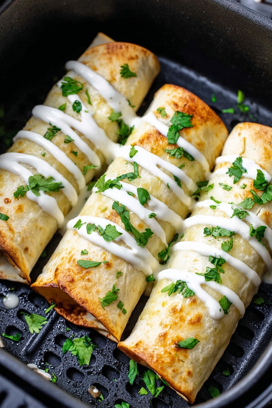 Air Fryer Chimichangas, crispy chimichangas, Mexican fried burritos, air fryer recipes, easy chimichangas - Three golden-brown rolled burritos are placed close together inside a black air fryer basket with small holes. Each burrito is drizzled with smooth white sauce in a zigzag pattern on top. Bright green chopped cilantro leaves are sprinkled over the burritos and scattered around them in the basket. The texture of the burritos is soft with slight browning spots, and the background shows the black perforated surface of the basket. photo taken with an iphone --ar 2:3 --v 7