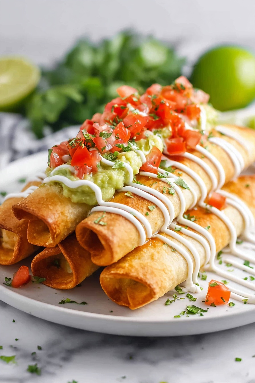 Air Fryer Chimichangas, crispy chimichangas, Mexican fried burritos, air fryer recipes, easy chimichangas - On a white plate on a white marbled surface, there are four golden brown rolled tacos stacked slightly on each other. Each taco is topped with a green guacamole layer that has a smooth texture and chopped red tomatoes sprinkled on it. Thin lines of white sour cream sauce run across the tacos vertically. Small green herb pieces are scattered on top and around the plate, adding a fresh touch. The background shows a blurred green lime and leafy greens. photo taken with an iphone --ar 2:3 --v 7