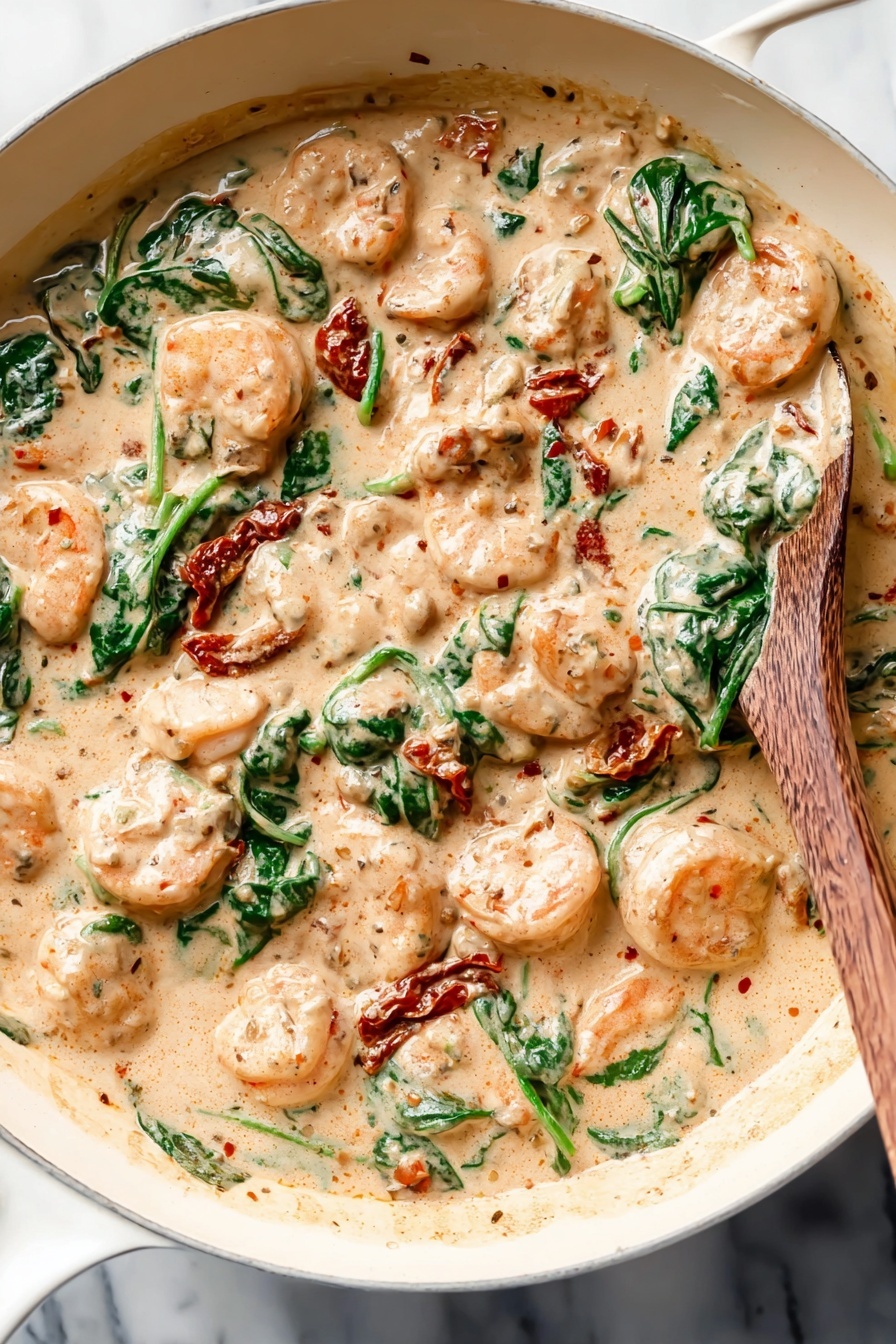 Creamy Tuscan Garlic Shrimp, Tuscan garlic shrimp recipe, creamy shrimp pasta, easy shrimp dinner, garlic shrimp with sun-dried tomatoes - A creamy dish in a white pan shows many plump shrimp covered in a thick light beige sauce with small red and black specks. Bright green spinach leaves are mixed throughout, adding fresh color and soft texture. There are also pieces of reddish sun-dried tomatoes scattered around, giving a burst of deeper red color within the sauce. The sauce looks smooth and rich, filling the pan almost to the edge with some lighter creamy swirls near the sides. A wooden spoon is partially visible on the right side, resting in the sauce against the white pan. The scene is set on a white marbled surface. photo taken with an iphone --ar 2:3 --v 7