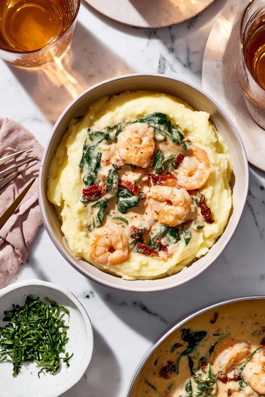 Creamy Tuscan Garlic Shrimp, Tuscan garlic shrimp recipe, creamy shrimp pasta, easy shrimp dinner, garlic shrimp with sun-dried tomatoes - The dish shows one white bowl filled with three layers: the bottom layer is smooth creamy mashed potatoes in pale yellow, the middle layer is a light beige creamy sauce with visible chunks of shrimp and pieces of spinach with dark green leaves, and the top layer features shrimp in the sauce, with some spinach leaves and bits of sun-dried tomatoes adding dark red spots. The bowl is set on a white marbled surface next to a small white bowl with chopped green herbs, a glass of light amber drink casting soft shadows, and part of a pan containing more creamy shrimp sauce. A fork lies nearby on the surface, and a woman’s hand is not directly visible but implied by the close-up setting. photo taken with an iphone --ar 2:3 --v 7