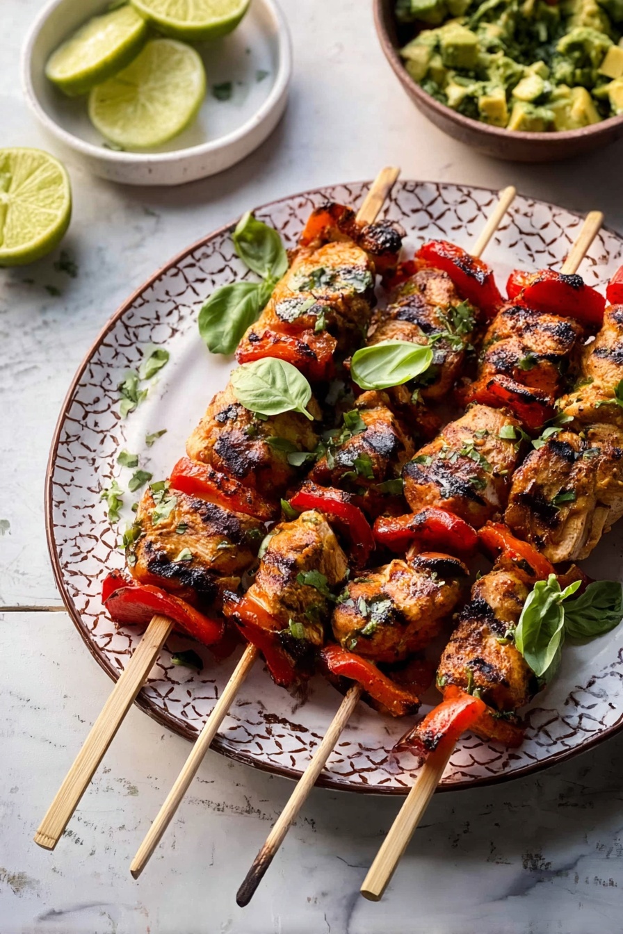 Grilled Chili Lime Honey Chicken, Chili Lime Honey Chicken with Roasted Sweet Potatoes and Avocado Salsa, Healthy Chicken Recipes, Easy Grilled Dinner Ideas, Vibrant Chicken and Veggie Meals - Four wooden skewers lie side by side on a white plate with a brown patterned rim, each skewer layered with pieces of grilled chicken and red bell pepper slices. The chicken pieces are golden brown with visible grill marks and a slightly charred texture. Bright green basil leaves are placed sparingly on top of the skewers. The plate rests on a white marbled surface. On the left side, there are two squeezed lime halves and a white bowl with chopped green herbs and avocado chunks. The scene is lit with natural light, emphasizing the freshness and char of the food. Photo taken with an iphone --ar 2:3 --v 7
