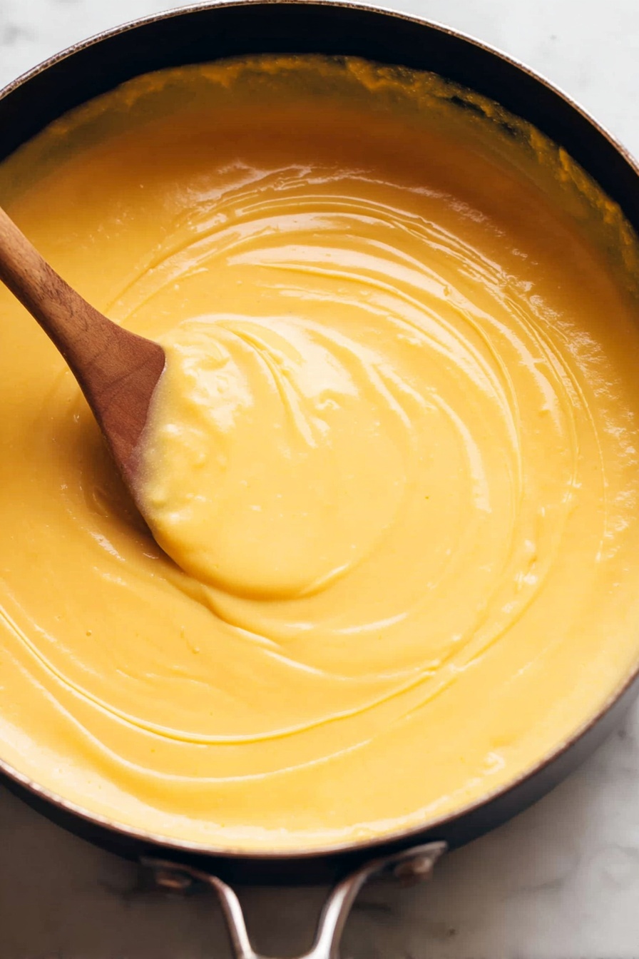 Vegan Beer Cheese, vegan cheese dip, dairy-free beer cheese, plant-based cheese sauce, vegan snack ideas - A close-up view of a large black pot filled with smooth, creamy, yellow soup or sauce, with a wooden spoon partially submerged stirring the thick mixture, creating a swirl pattern on the surface. The pot sits on a white marbled surface, highlighting the rich texture and warm color of the liquid. Photo taken with an iphone --ar 2:3 --v 7