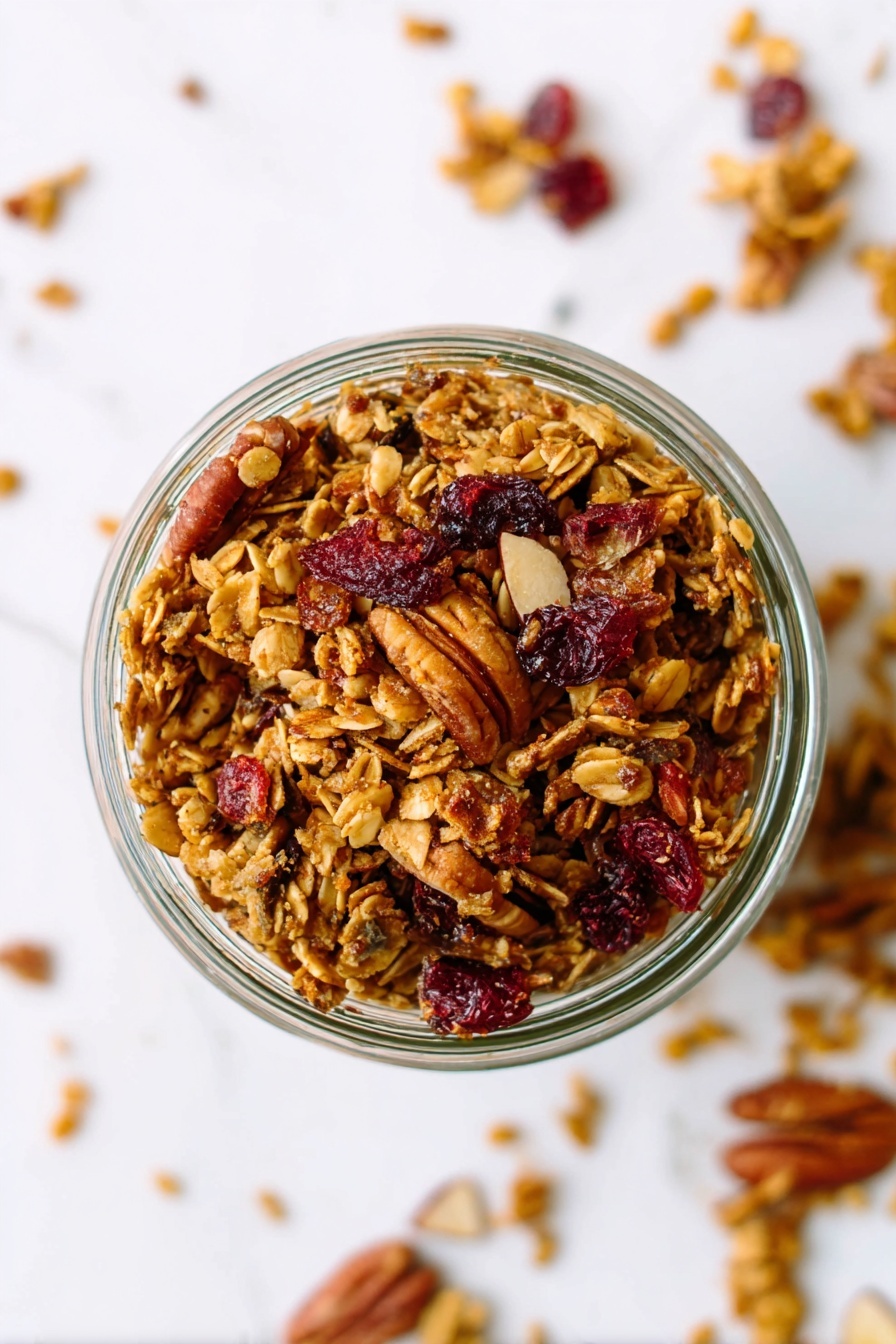 Gingerbread Granola, gingerbread granola bars, cozy breakfast granola, seasonal homemade granola, spiced crunchy granola - A close-up top view of a glass bowl filled with granola that has one layer; the granola is a mix of golden brown oats, darker brown pecans, reddish dried cranberries, and lighter almond flakes scattered throughout. The bowl sits on a white marbled texture with a few small granola pieces scattered around it. photo taken with an iphone --ar 2:3 --v 7
