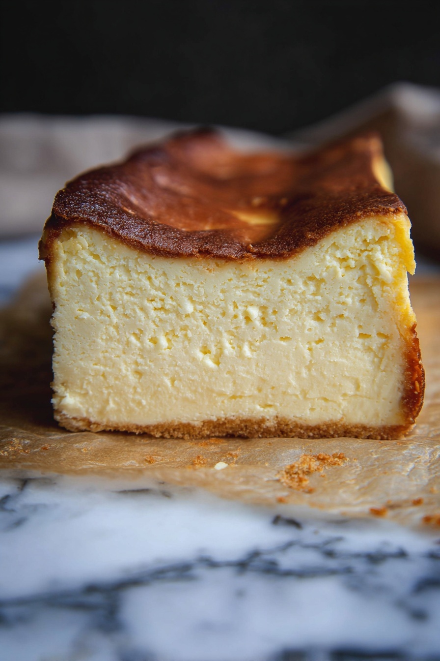 Loaf Pan Basque Cheesecake, Basque cheesecake in loaf pan, easy Basque cheesecake recipe, caramelized cheesecake, creamy baked cheesecake - A thick slice of cheesecake with one visible layer that is pale yellow and creamy, showing a smooth, dense texture. The top layer is a darker golden brown crust, slightly wrinkled and uneven. The cheesecake sits on a parchment paper that has crumbs around it, all placed on a surface with a white marbled texture. The background is dark and blurred, highlighting the cheesecake in the front. Photo taken with an iphone --ar 2:3 --v 7