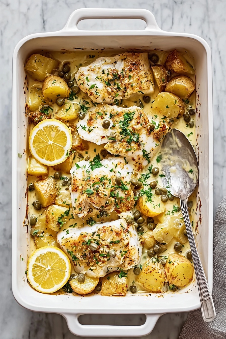 Cod & Potatoes in Rosemary Cream Sauce, rosemary fish and potato recipe, creamy cod and potato dinner, roasted Yukon gold fish dish, easy seafood with herb sauce - A white baking dish filled with four pieces of flaky white fish layered on top of golden roasted potato chunks, all covered in a creamy sauce with herbs and capers scattered across. Two thin lemon slices rest on the right side, adding a bright touch. The sauce has a light beige color with green herb bits mixed in, and the potatoes have a slightly crispy brown edge. The background is a white marbled surface with a white bowl of chopped parsley and a white plate with cracked black pepper visible near the top right. A large silver spoon rests at the top left inside the dish. Photo taken with an iphone --ar 2:3 --v 7