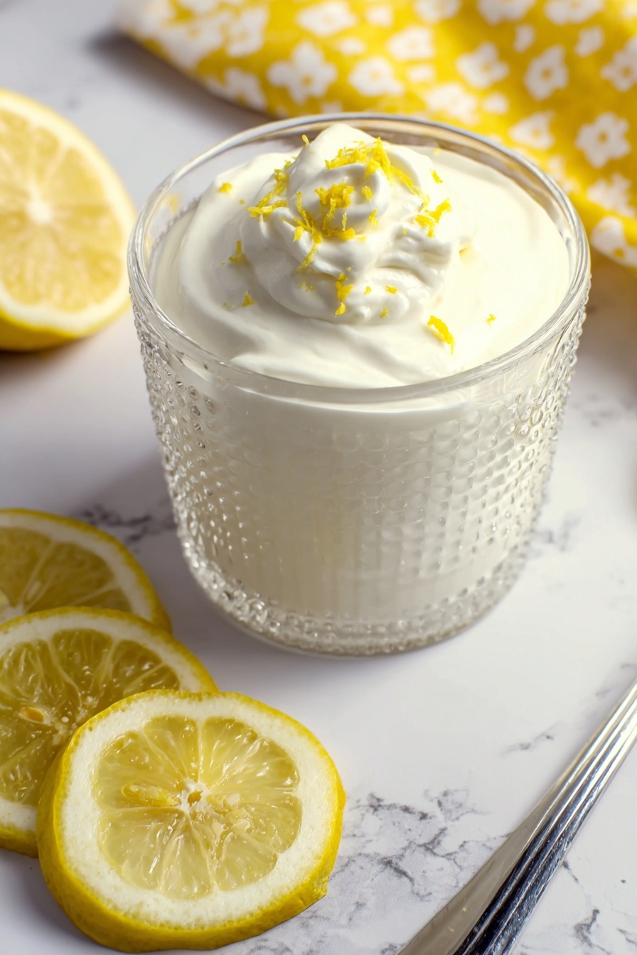 Lemon Mousse, Lemon Mousse dessert, easy lemon mousse, refreshing lemon dessert, creamy lemon mousse - The image shows a clear glass cup filled with a smooth white creamy dessert that appears to be layered twice, topped with a dollop of whipped cream and tiny yellow lemon zest pieces scattered on top. The cup has a textured design around its edges and is placed on a white marbled surface. To the left of the cup, there are three bright yellow lemon slices stacked slightly overlapping each other. On the right side, a silver spoon lies flat on the surface. A yellow cloth with white patterns is partly visible in the upper right corner. Photo taken with an iphone --ar 2:3 --v 7