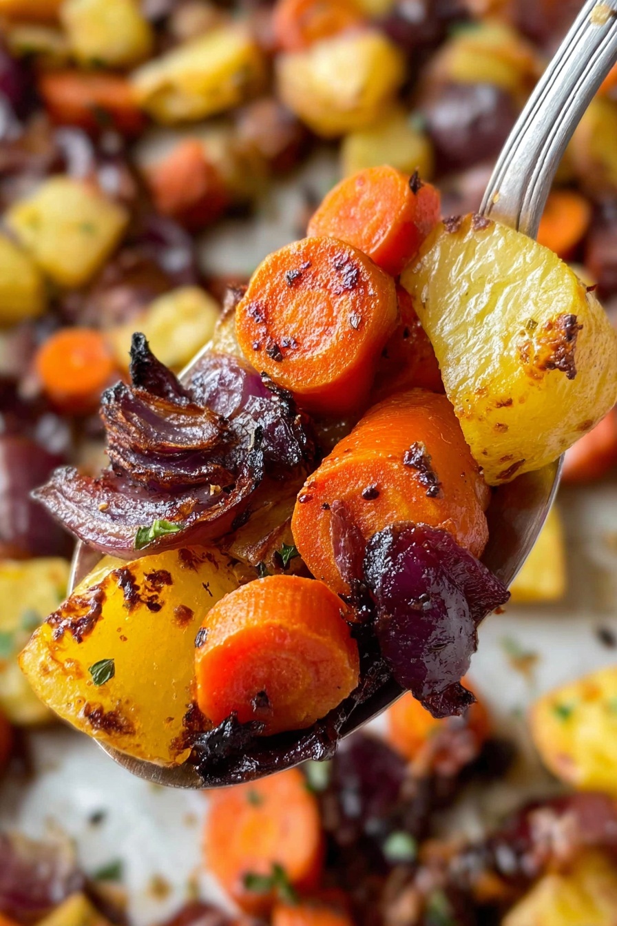 Maple Dijon Roasted Carrots and Apples, roasted carrot and apple side dish, sweet and savory roasted vegetables, caramelized roasted carrots and apples, easy autumn side dish - A close-up image of roasted vegetables on a silver spoon held over a white marbled surface, showing three layers of vegetables: bright orange carrot slices with a slightly charred dark brown edge, golden yellow potato chunks with crisped edges and specks of herbs, and deep purple pieces of onion with a caramelized texture and some blackened spots. The background is filled with more roasted vegetables in the same colors and textures, creating a vibrant mix of orange, yellow, and purple tones. Photo taken with an iphone --ar 2:3 --v 7