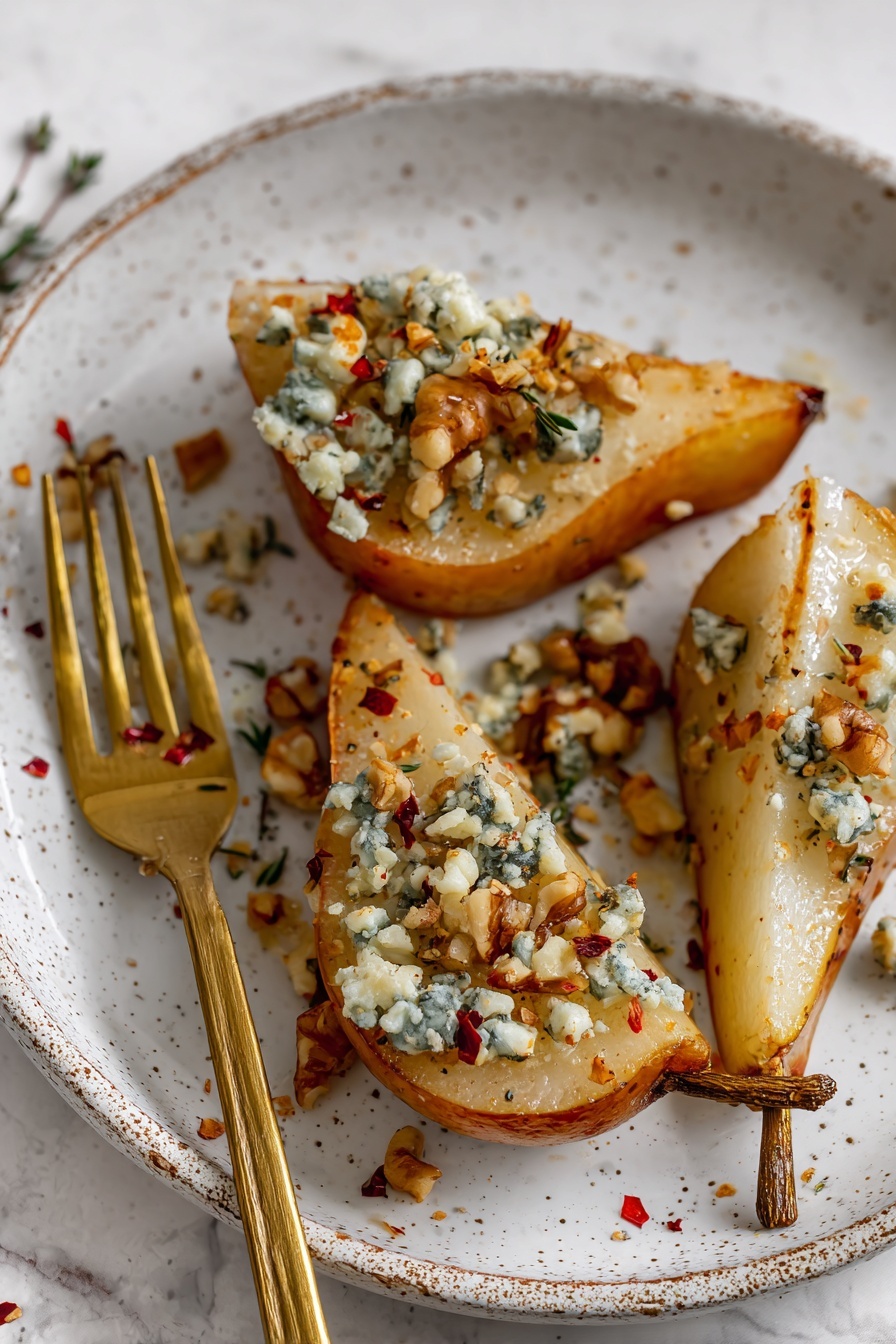Blue Cheese Stuffed Pears, stuffed pears appetizer, elegant pear appetizer, blue cheese and walnut snack, easy pear appetizer - A white speckled plate holds three pieces of roasted pear wedges with a golden brown caramelized outer edge. On top of each pear wedge, there is a layer of crumbly blue cheese mixed with chopped walnuts and sprinkled with small red chili flakes and thyme leaves, adding texture and color contrast. A gold fork rests on the left side of the plate, which sits on a white marbled surface. The scene shows close-up textures of the juicy, soft pears and creamy cheese topping photo taken with an iphone --ar 2:3 --v 7