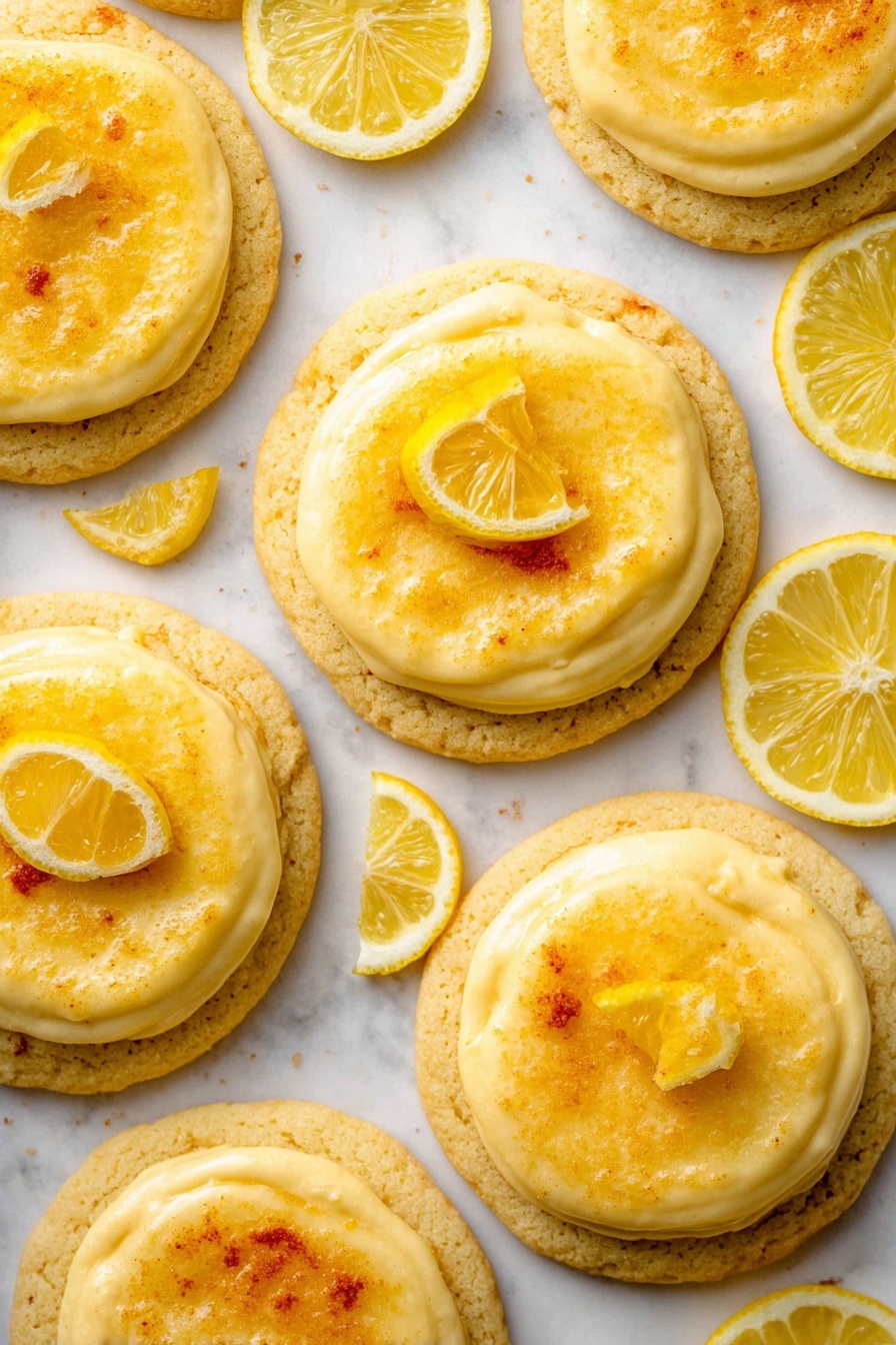 Lemon Crème Brûlée Cookies, citrus dessert recipes, lemon cookies with brûlée topping, zesty lemon cookies, creamy citrus cookie treats - The image shows several lemon cookies placed on a white marbled surface. Each cookie has two layers: the bottom layer is a light golden brown, slightly textured cookie base, and the top layer is a thick, smooth, pale yellow lemon cream with slightly caramelized spots. Some cookies have small, bright yellow lemon wedge slices placed on top, adding a fresh and vibrant detail. Around the cookies, thin round lemon slices and lemon wedges are scattered, enhancing the citrus theme. The overall arrangement looks bright and fresh with warm and soft tones. photo taken with an iphone --ar 2:3 --v 7