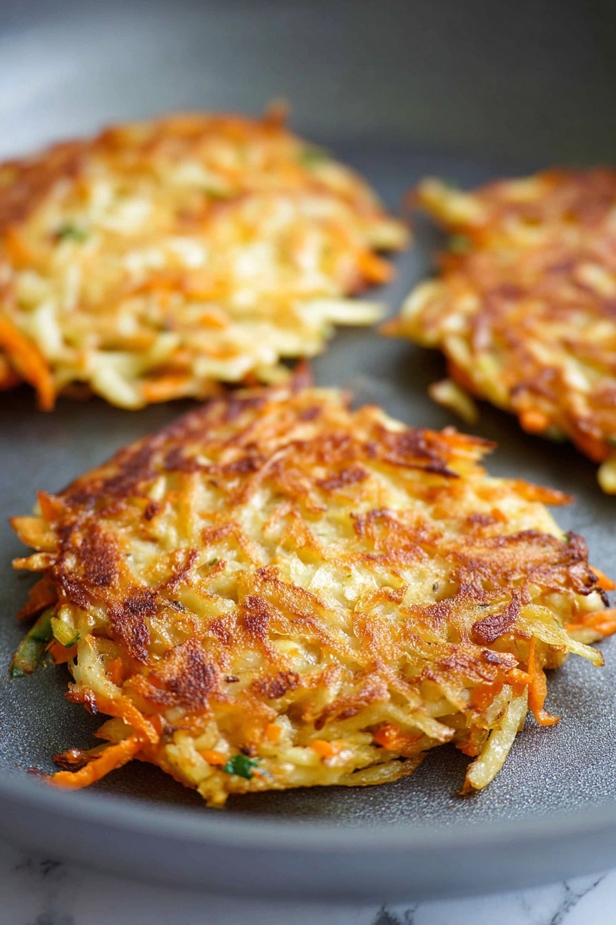 Cabbage Fritters, how to make cabbage fritters, easy cabbage fritters, crispy veggie fritters, healthy cabbage recipes - The image shows three crispy golden-brown patties cooking on a gray pan, each patty made from shredded vegetables with visible orange and pale yellow strands, likely carrots and potatoes, with small green bits. The front patty is in sharp focus, showing a crunchy, textured surface with some darker brown edges, while the other two patties are more blurred in the background. The gray pan contrasts with the warm colors of the patties, and the background is a white marbled texture. Photo taken with an iphone --ar 2:3 --v 7
