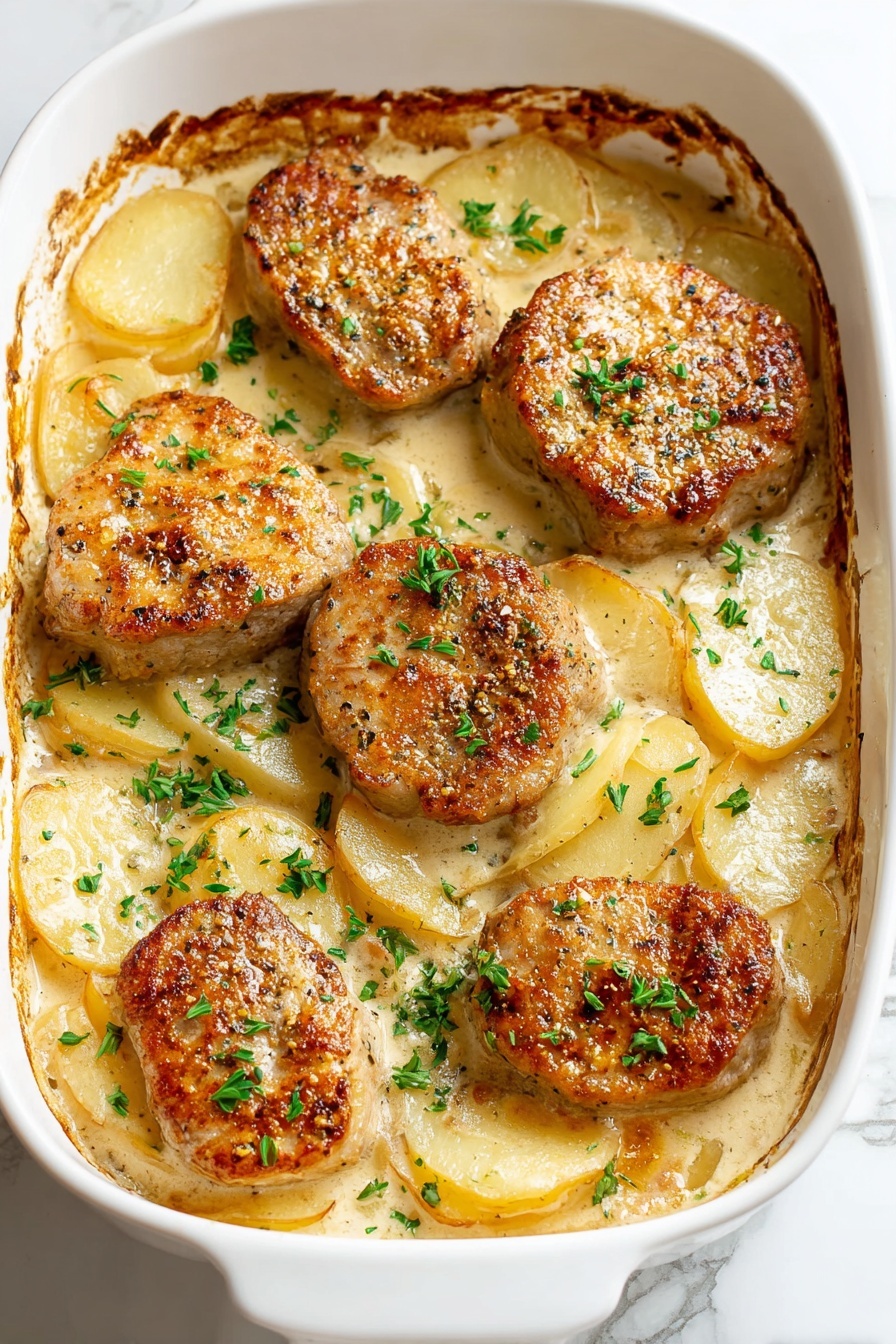 Smothered Pork Chop and Potato Casserole, pork chop casserole, cheesy potato bake, comfort food recipes, hearty pork and potato dish - In a white baking dish, there are five golden brown cooked meat pieces placed on top of a layer of thin potato slices. The potatoes are creamy white with a soft texture, showing slightly browned edges. The meat has a warm brown crust with visible pepper seasoning. Bits of chopped green herbs are sprinkled over the dish, adding a fresh color contrast. The edges of the baking dish show some browned sauce residue, and the background is a white marbled surface. photo taken with an iphone --ar 2:3 --v 7