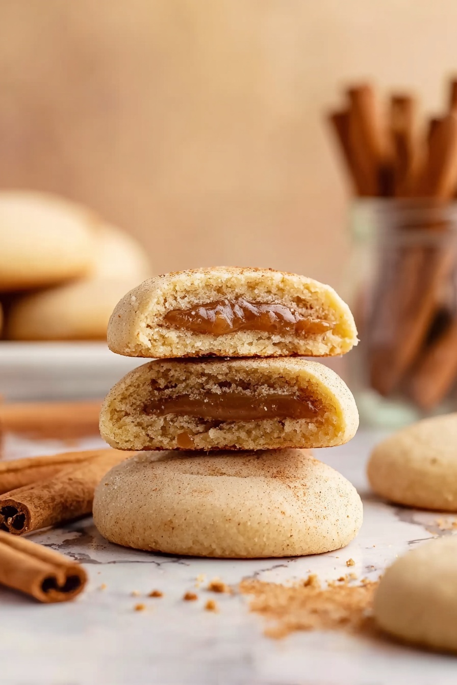 Brown Sugar Pop Tart Cookies, homemade pop tart cookies, cinnamon brown sugar cookies, soft buttery cookies, easy bake pop tart treats - The image shows a stack of three soft cookies on a white marbled surface, with a close-up of two halves of one cookie placed on top, revealing a cinnamon-colored filling inside. The cookies are light golden brown with a smooth, slightly cracked surface. Scattered cookie crumbs and two cinnamon sticks lie next to the stack, while blurred cookie batches and a glass jar filled with cinnamon sticks appear in the background, all set against a warm, beige backdrop. photo taken with an iphone --ar 2:3 --v 7