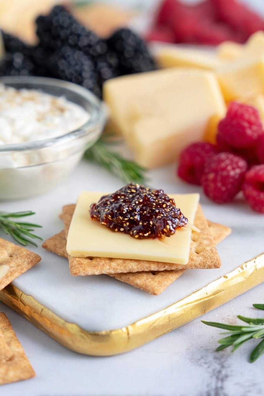 Easy Fig Chutney, fig chutney recipe, homemade fig chutney, sweet and tangy condiment, fruit chutney for cheese boards - A close-up of a snack with a square cracker as the base, topped with a light yellow cheese slice, and a dollop of dark, textured fig jam with visible seeds on top, all resting on a white marbled board edged with gold. In the background, there are fresh blackberries and raspberries, pale yellow cheese wedges, and beige crackers, with a clear glass bowl of creamy white dip to the side. A sprig of green rosemary lies near the cracker stack. The photo taken with an iphone --ar 2:3 --v 7