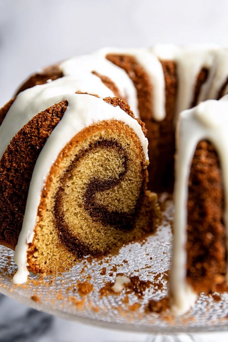 Cinnamon Bundt Cake with Cream Cheese Icing, cinnamon bundt cake, easy cinnamon cake, homemade bundt cake, cinnamon dessert recipes - A close-up view of a sliced bundt cake with a spiral pattern of light and dark brown layers, topped with thick white icing dripping down the cake. The cake has a slightly rough, crumbly texture on the outer darker layer and a moist, soft look inside. It sits on a clear, round stand with some crumbs around the base, all on a white marbled surface. photo taken with an iphone --ar 2:3 --v 7