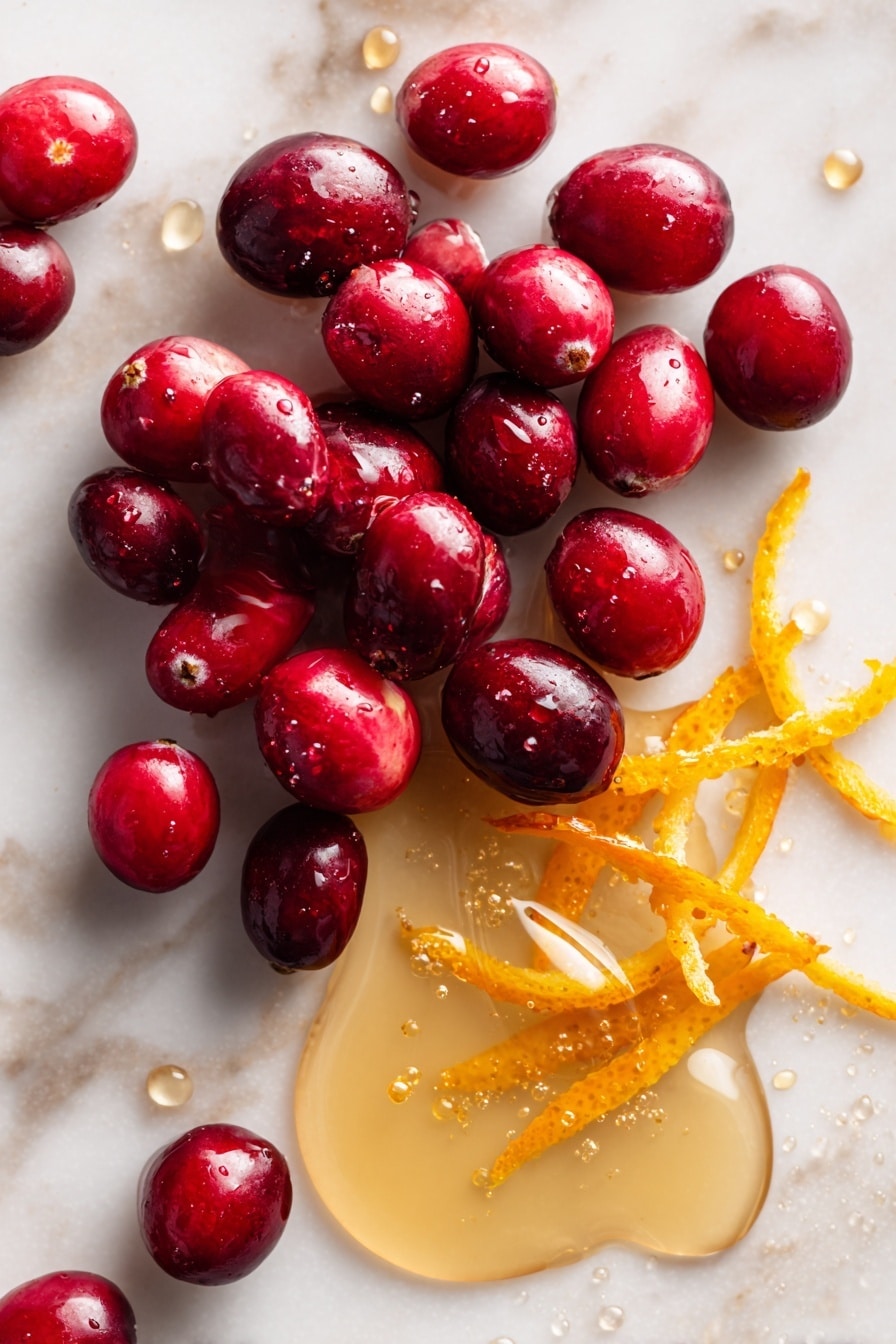 Sweet and Tangy Cranberry Sauce with Maple and Orange Zest, cranberry sauce, maple orange cranberry, homemade cranberry sauce, easy holiday cranberry sauce - Flat lay of fresh, plump red cranberries clustered beside a small pile of bright orange zest strips with their textured, vibrant peel, next to a small pool of golden maple syrup glistening under soft light, alongside a few clear drops of water sparkling naturally, all arranged with casual elegance and natural spacing to highlight their rich colors and textures, placed on white marbled surface, photo taken with an iphone --ar 2:3 --v 7