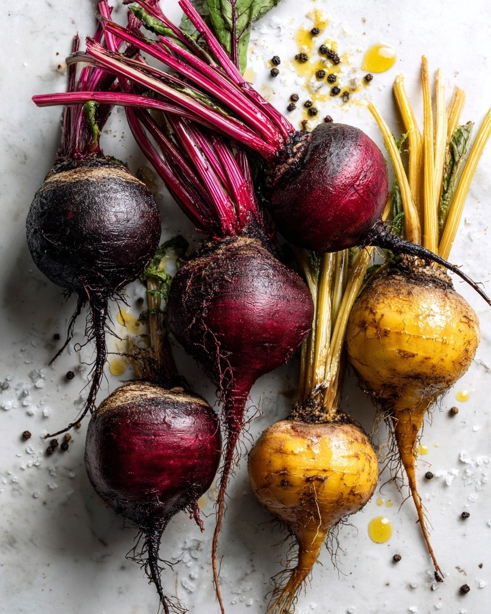 Roasted Beets with Olive Oil, Salt, and Pepper, simple beet side dish, roasted beet recipe, easy roasted beets, healthy beet recipes - Flat lay of six fresh medium beets with deep red and purple hues, their smooth skin glistening slightly from natural moisture, some with thin roots still attached, arranged naturally with a few scattered coarse sea salt crystals and whole black peppercorns nearby. Small droplets of golden extra-virgin olive oil catch the light, highlighting the rich textures and vibrant colors of the beets. The composition is simple and rustic, emphasizing freshness and earthiness, placed on white marbled surface, photo taken with an iphone --ar 2:3 --v 7
