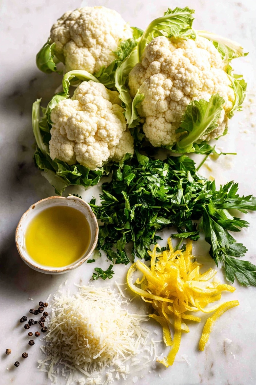Roasted Cauliflower with Lemon, Parsley, and Parmesan, Roasted Cauliflower side dish, Lemon Parmesan cauliflower, Easy roasted vegetable recipes, Healthy cauliflower recipes - Flat lay of fresh cauliflower florets with their creamy white curds and light green leaves, bright yellow lemon zest strips, a small bunch of vibrant green chopped parsley leaves, and a small pile of finely grated pale ivory Parmesan cheese, all naturally scattered with a few whole black peppercorns and glistening drops of golden extra-virgin olive oil, placed on white marbled surface, photo taken with an iphone --ar 2:3 --v 7