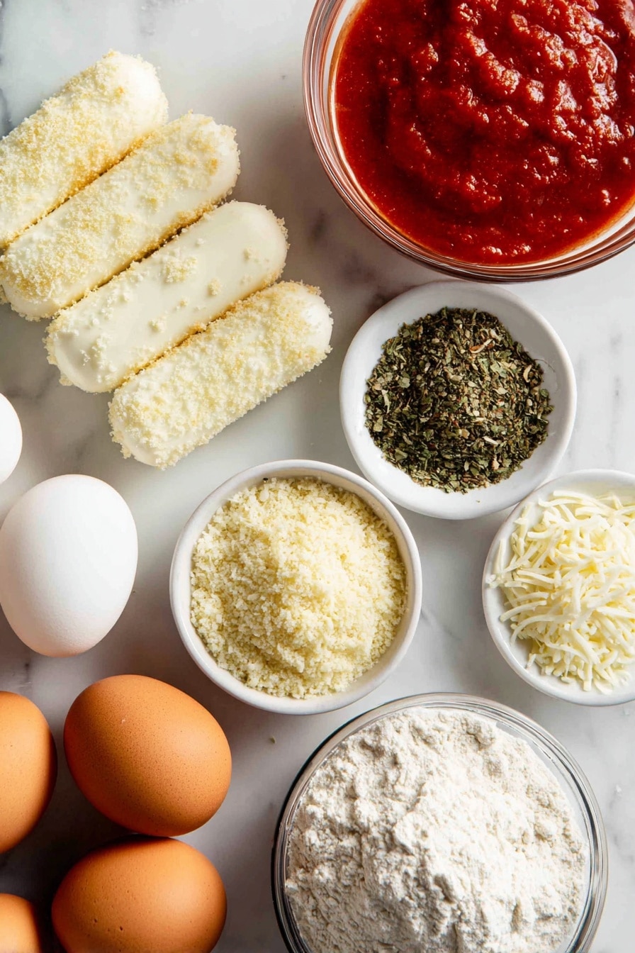 Baked Mozzarella Sticks, crispy baked mozzarella sticks, healthy mozzarella sticks recipe, cheesy baked snacks, easy baked appetizer - Flat lay of fresh mozzarella string cheeses with smooth white texture, golden panko breadcrumbs mixed with grated parmesan cheese showing a crumbly, light yellow texture, bright red marinara sauce in a small glass bowl, whole eggs with glossy brown shells, a heap of finely ground garlic powder, dried oregano and parsley flakes with green and earthy tones, and a small pile of white all-purpose flour, all beautifully arranged with natural spacing and varied heights, placed on white marbled surface, photo taken with an iphone --ar 2:3 --v 7