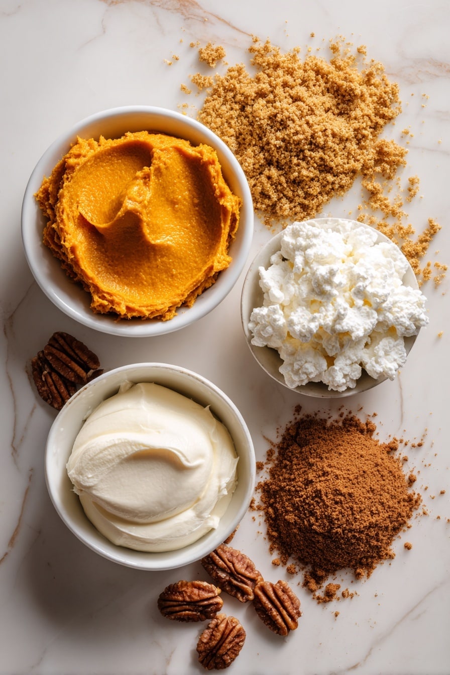 No Bake Pumpkin Lush, no bake pumpkin dessert, layered pumpkin dessert, fall pumpkin treats, easy pumpkin pie no bake - Flat lay of vibrant orange pumpkin puree dolloped next to smooth, creamy white cream cheese, golden crushed gingersnap cookie crumbs scattered around with rich brown chopped pecans, a small pile of warm brown pumpkin spice powder nestled beside a bright white mound of fluffy Cool Whip, all arranged naturally with soft shadows highlighting the different textures and colors, placed on white marbled surface, photo taken with an iphone --ar 2:3 --v 7