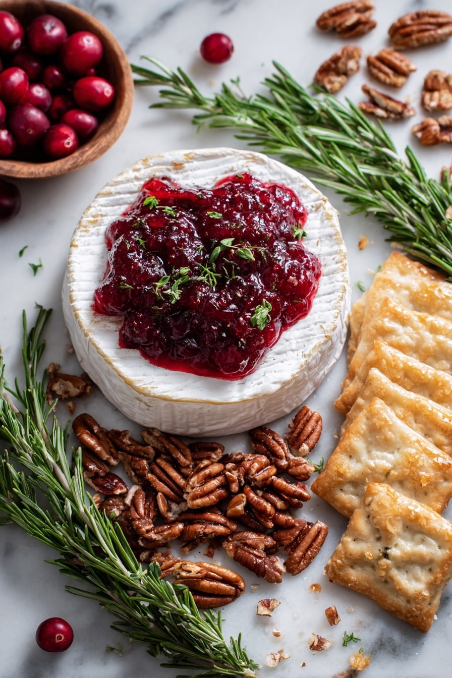Cranberry Brie Bites with Puff Pastry, easy party appetizers, holiday appetizer recipes, flaky puff pastry snacks, cranberry brie finger foods - Flat lay of a round wheel of creamy white Brie cheese with a smooth, slightly glossy surface, deep red homemade cranberry sauce glistening with whole cranberries, light golden puff pastry sheets with delicate flaky layers, a small pile of chopped pecans showing rich brown hues and textured ridges, fresh bright green rosemary sprigs with needle-like leaves, all arranged naturally with some crumbs and bits scattered around, placed on white marbled surface, photo taken with an iphone --ar 2:3 --v 7
