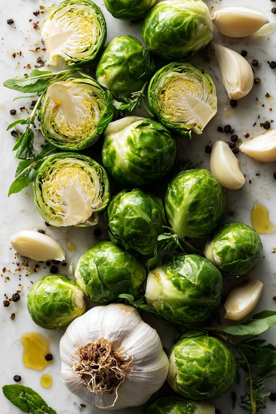 Best Roasted Brussels Sprouts, roasted Brussels sprouts, crispy Brussels sprouts, garlic roasted Brussels sprouts, healthy Brussels sprouts side dish - Flat lay of fresh bright green Brussels sprouts halved to show their layered texture, several large creamy white garlic cloves with papery skins partially peeled, a small cluster of glossy dark brown balsamic vinegar droplets glistening as if freshly poured, scattered coarse black peppercorns, and a few golden amber glistening olive oil pools, all arranged naturally with fresh green Brussels sprout leaves and rough trimmed stalk ends adding organic shapes and contrast, placed on white marbled surface, photo taken with an iphone --ar 2:3 --v 7