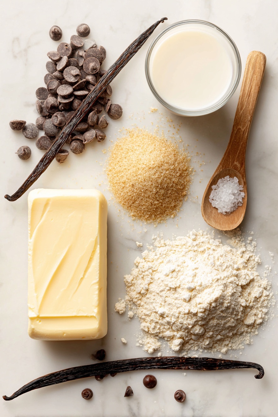 Vegan Gluten Free Chocolate Chip Cookies, vegan cookie recipes, gluten free dessert ideas, dairy free chocolate cookies, easy vegan cookies - Flat lay of a stick of creamy vegan butter with a smooth, pale yellow texture, a small mound of rich, golden brown sugar with fine grains sparkling softly, glossy dark brown vegan chocolate chips scattered artfully, a small glass of creamy white soy milk, a neat pile of light beige gluten free flour with a powdery texture, a wooden spoon holding a teaspoon of fine white baking soda powder, a fresh vanilla bean pod with deep brown glossy surface, and a sprinkle of coarse sea salt crystals shining subtly, all beautifully arranged with natural spacing and soft shadows, placed on white marbled surface, photo taken with an iphone --ar 2:3 --v 7